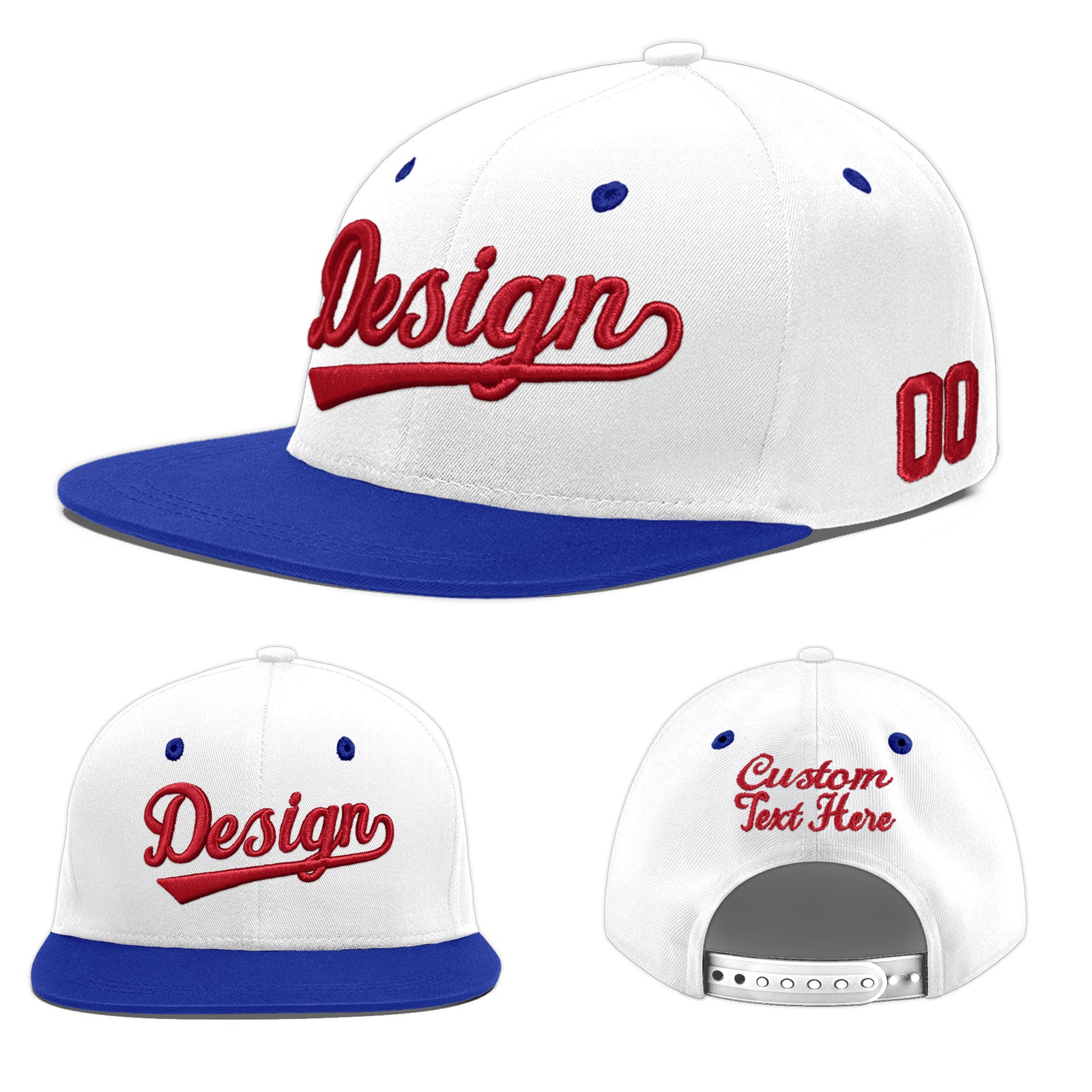 Custom White Royal Blue 132D Puff Embroidery Flat Embroidery Casual Sport Baseball Cap