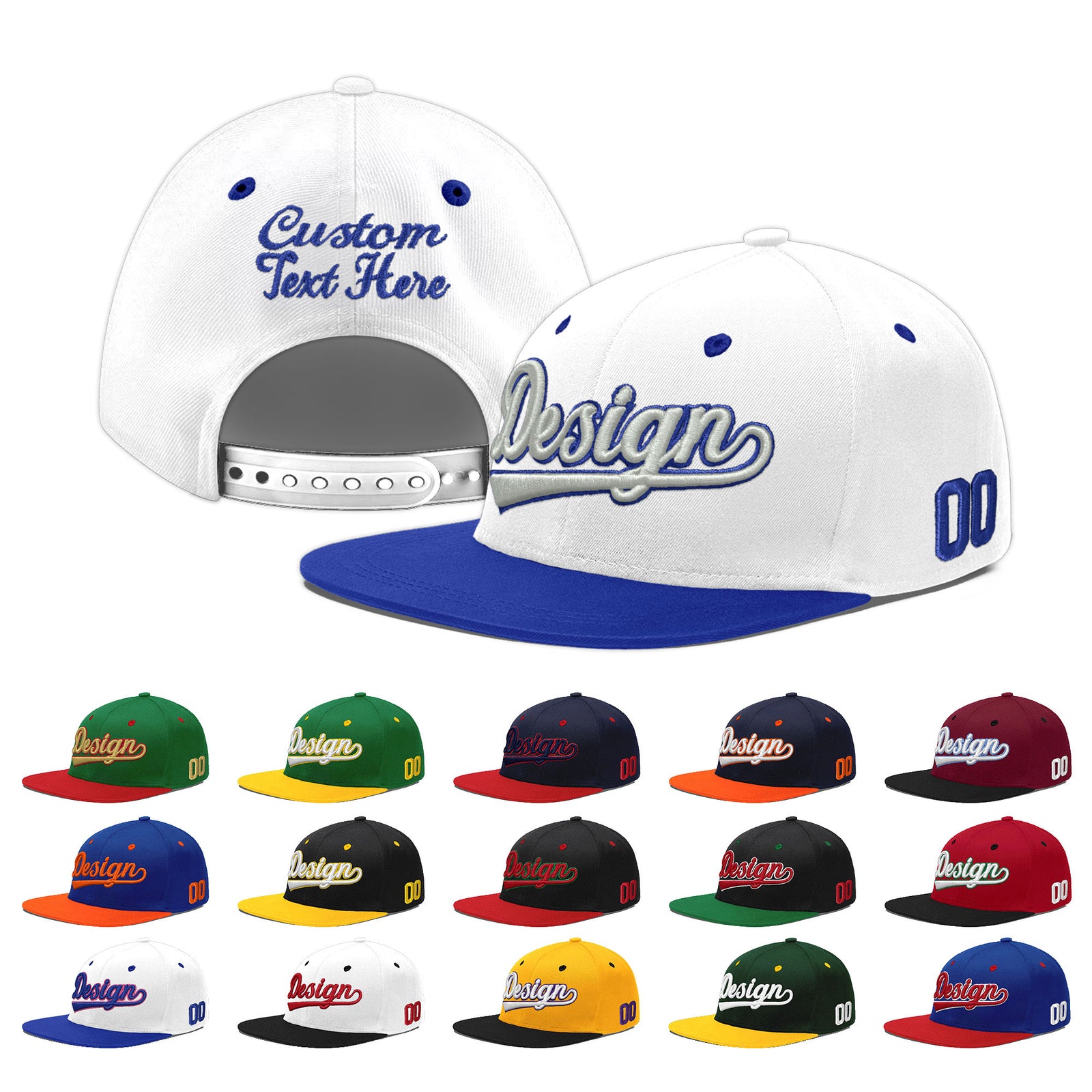 Custom White Royal Blue 139D Puff Embroidery Flat Embroidery Casual Sport Baseball Cap
