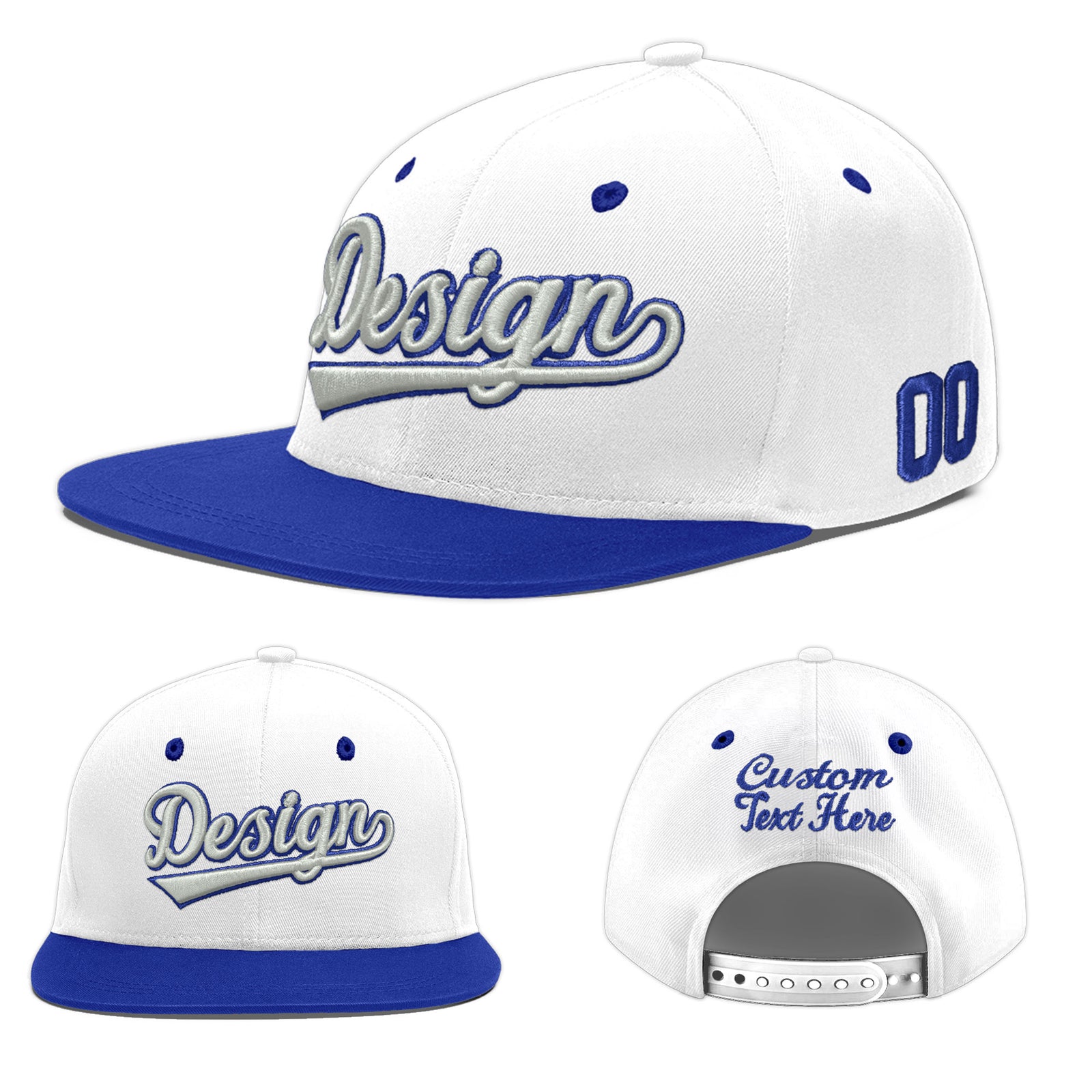 Custom White Royal Blue 140D Puff Embroidery Flat Embroidery Casual Sport Baseball Cap
