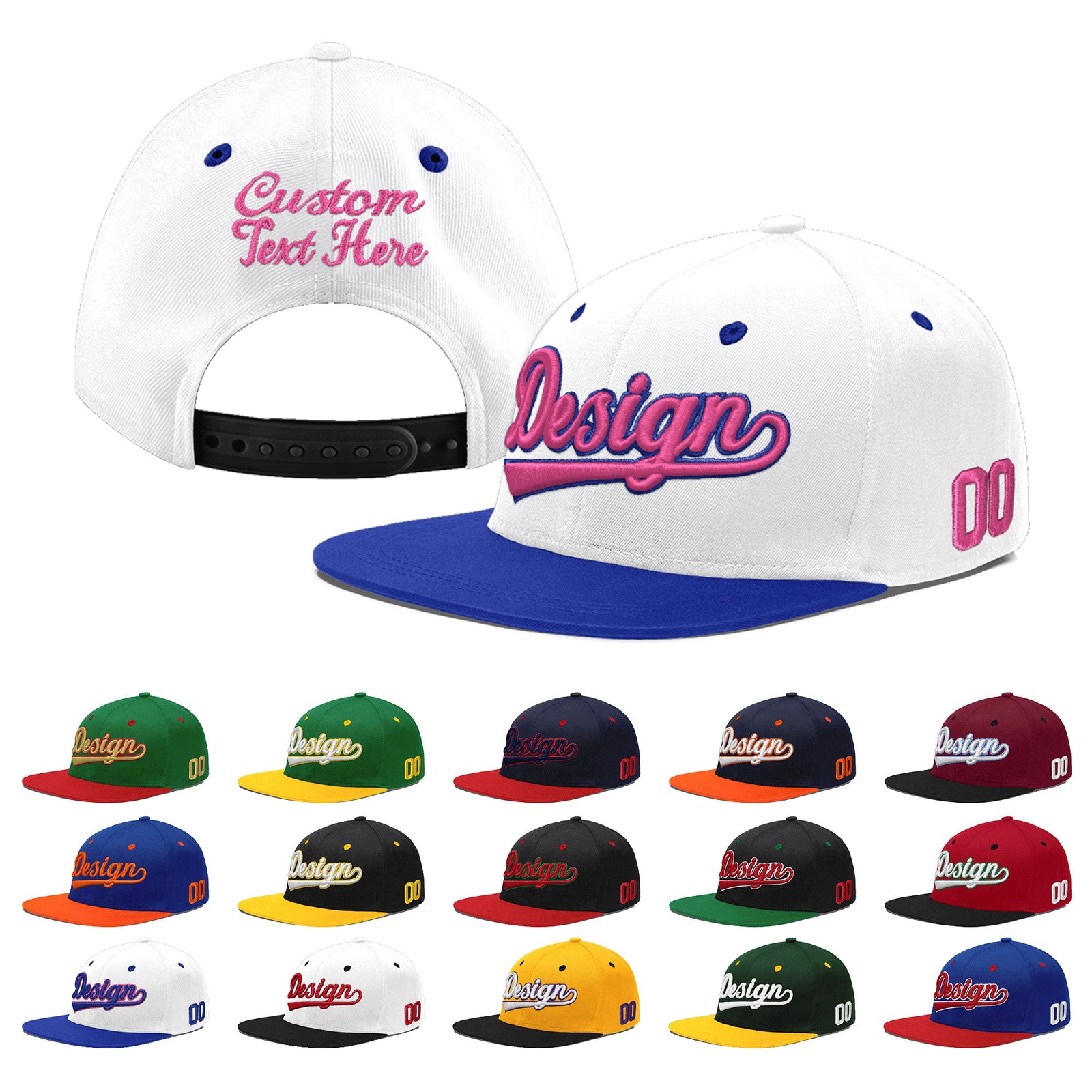 Custom White Royal Blue 147D Puff Embroidery Flat Embroidery Casual Sport Baseball Cap