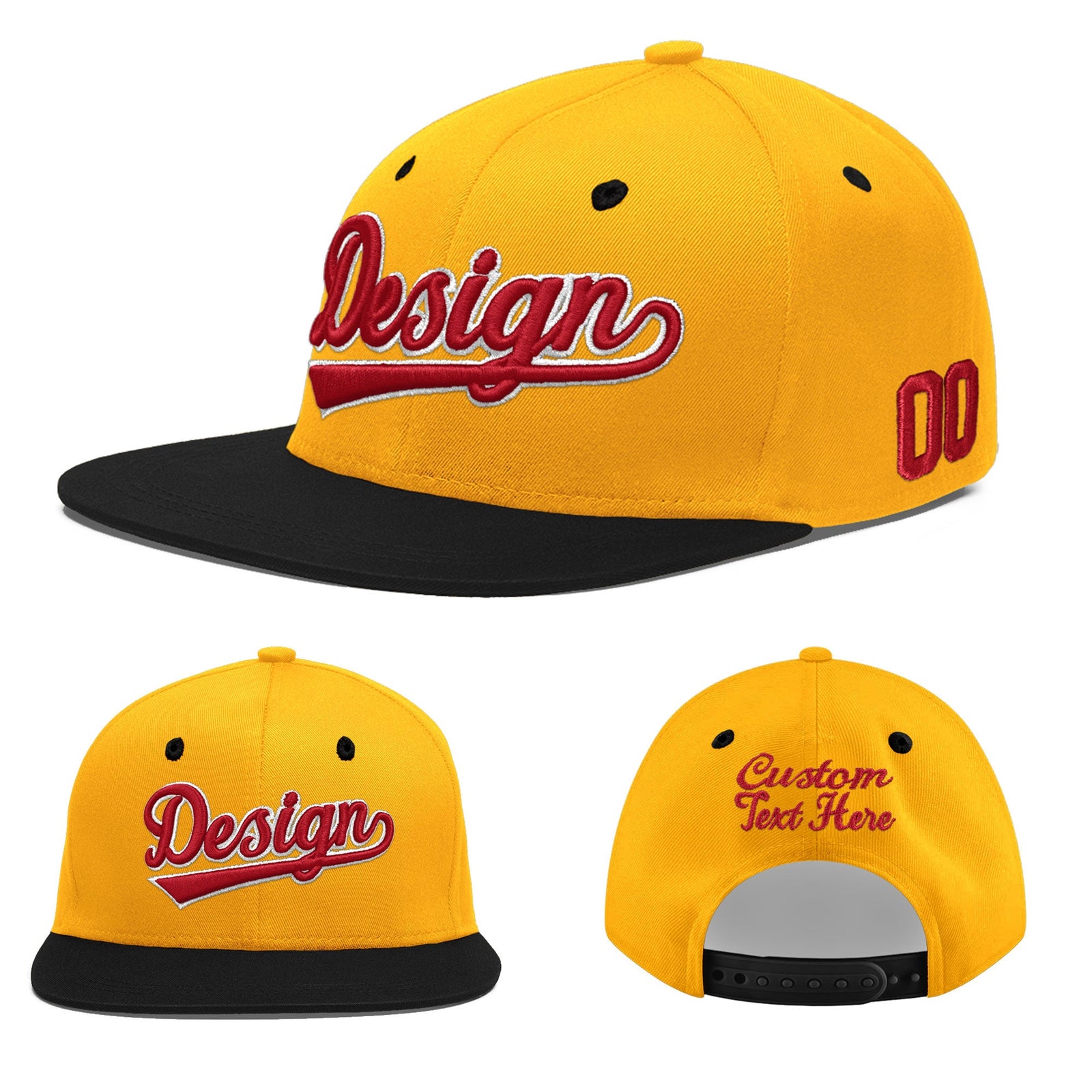 Custom Gold Black 3D Puff Embroidery Flat Embroidery Casual Sport Baseball Cap