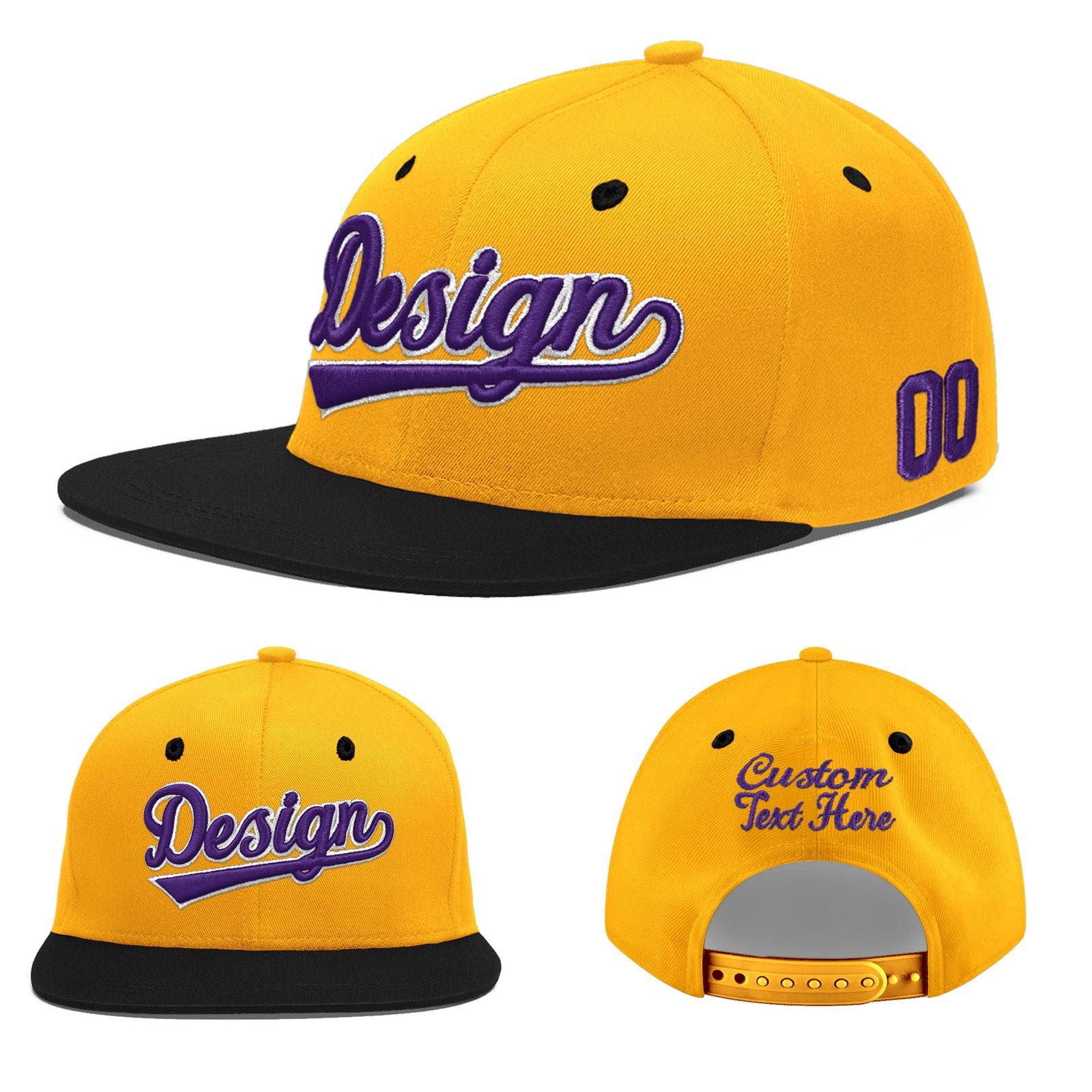 Custom Gold Black 116D Puff Embroidery Flat Embroidery Casual Sport Baseball Cap