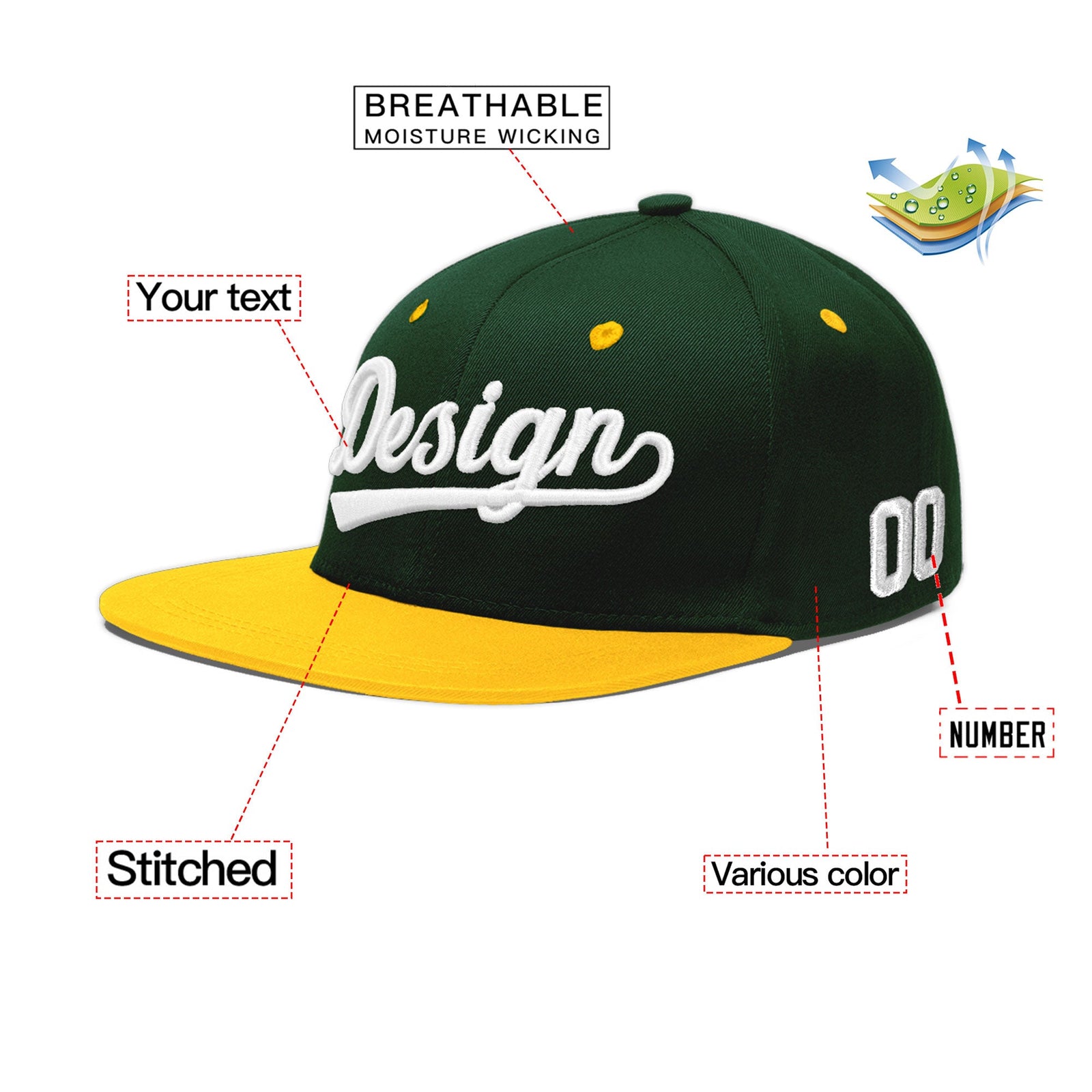 Custom Green Gold 3D Puff Embroidery Flat Embroidery Casual Sport Baseball Cap
