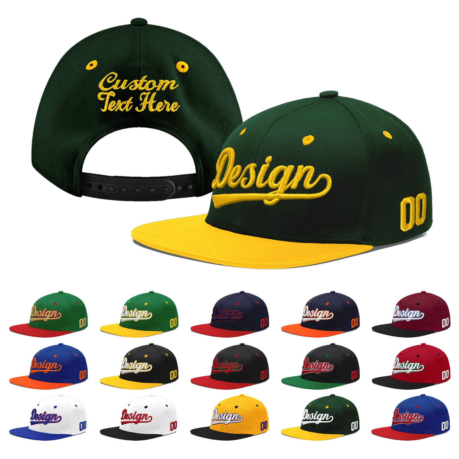 Custom Green Gold 3D Puff Embroidery Flat Embroidery Casual Sport Baseball Cap
