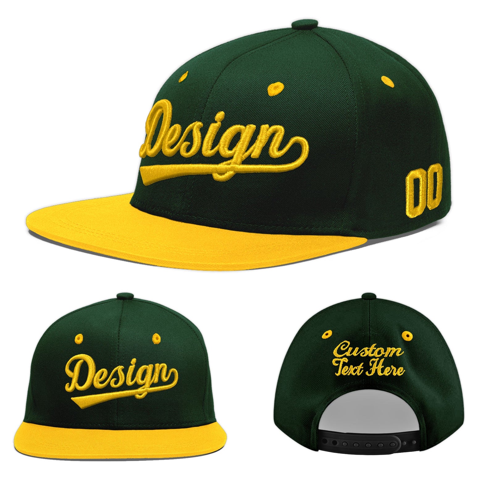 Custom Green Gold 3D Puff Embroidery Flat Embroidery Casual Sport Baseball Cap