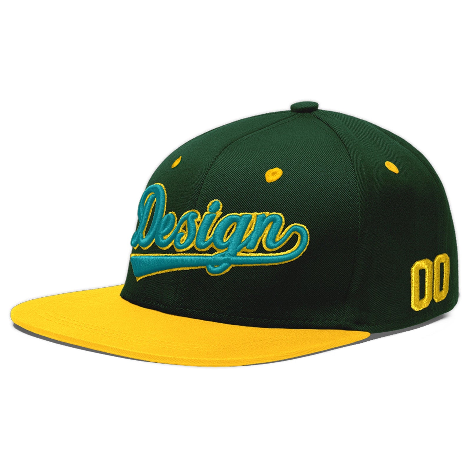 Custom Green Gold 3D Puff Embroidery Flat Embroidery Casual Sport Baseball Cap