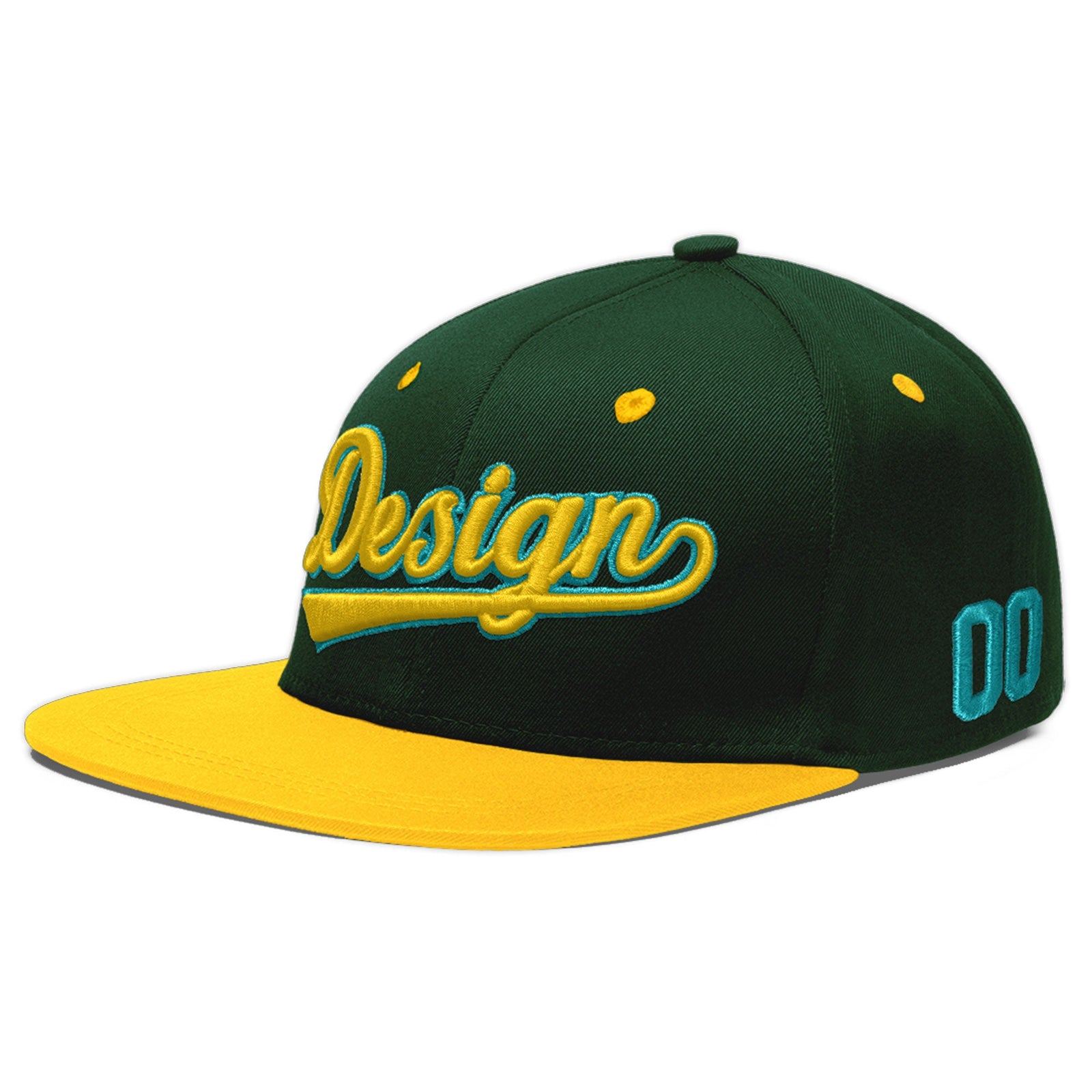 Custom Green Gold 3D Puff Embroidery Flat Embroidery Casual Sport Baseball Cap