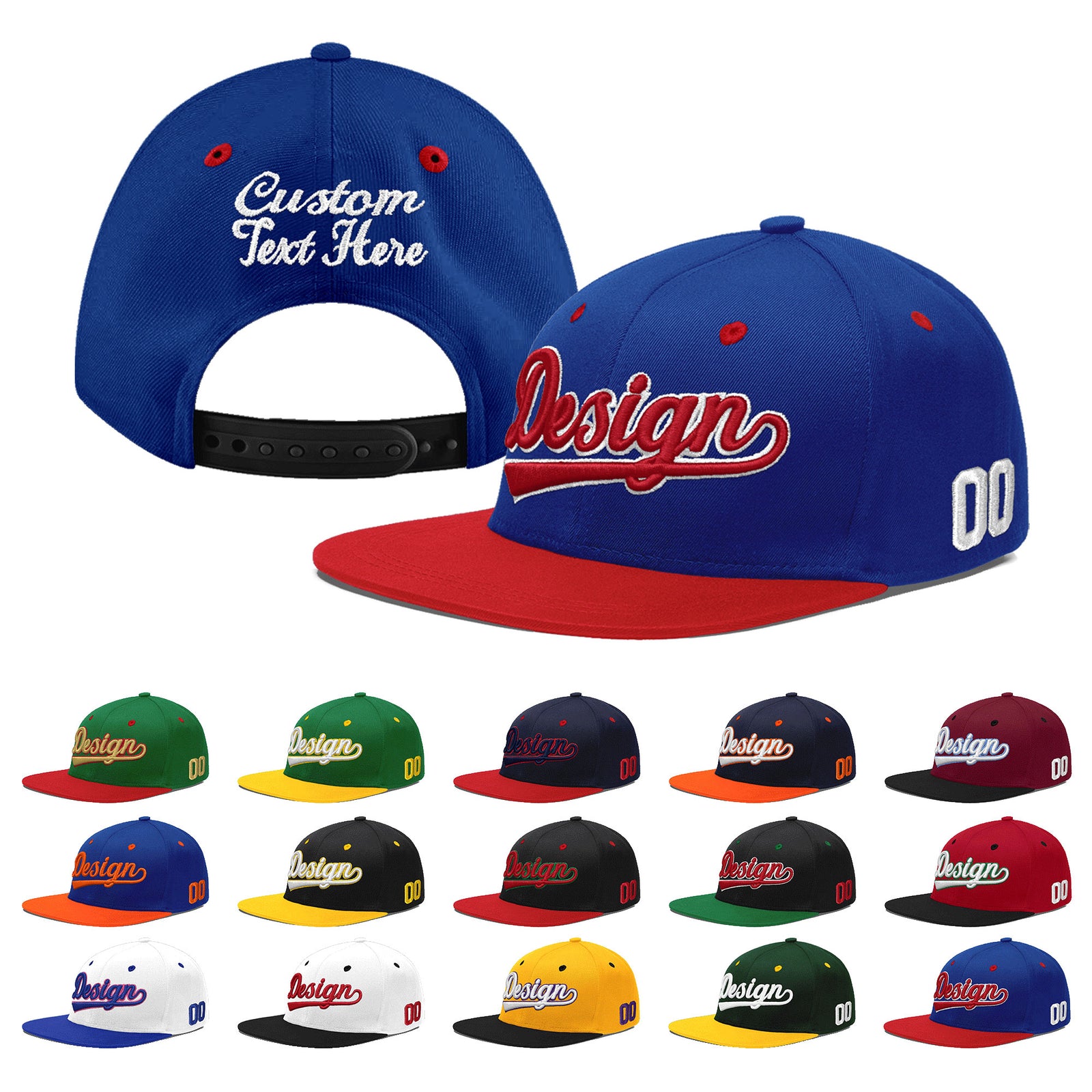 Custom Royal Blue Red 3D Puff Embroidery Flat Embroidery Casual Sport Baseball Cap
