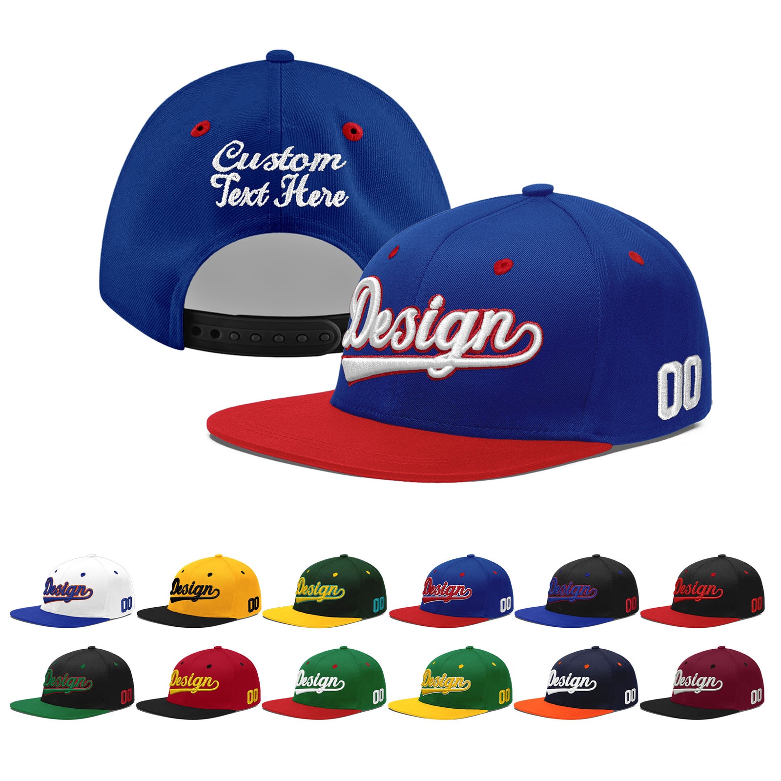 Custom Royal Blue Red 3D Puff Embroidery Flat Embroidery Casual Sport Baseball Cap