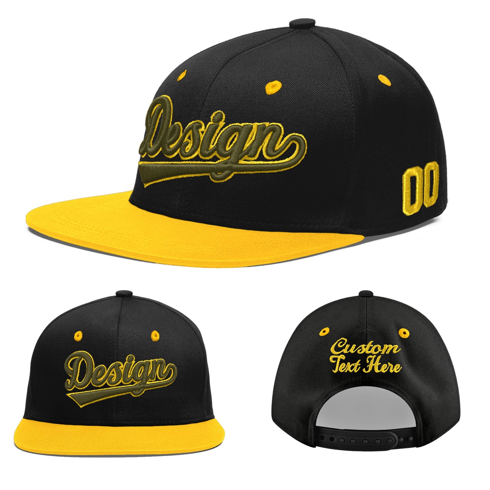 Custom Black Gold 3D Puff Embroidery Flat Embroidery Casual Sport Baseball Cap