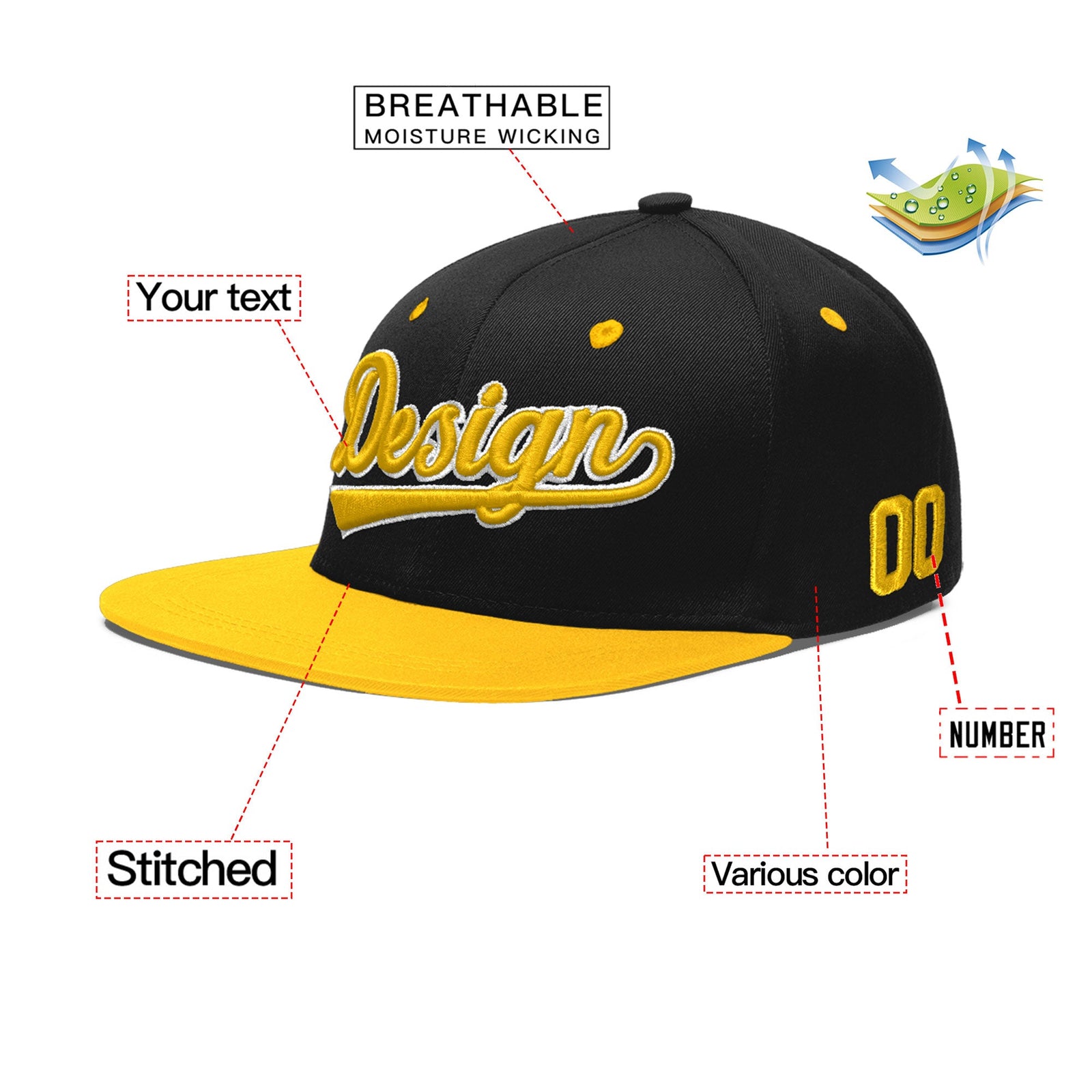 Custom Black Gold 3D Puff Embroidery Flat Embroidery Casual Sport Baseball Cap