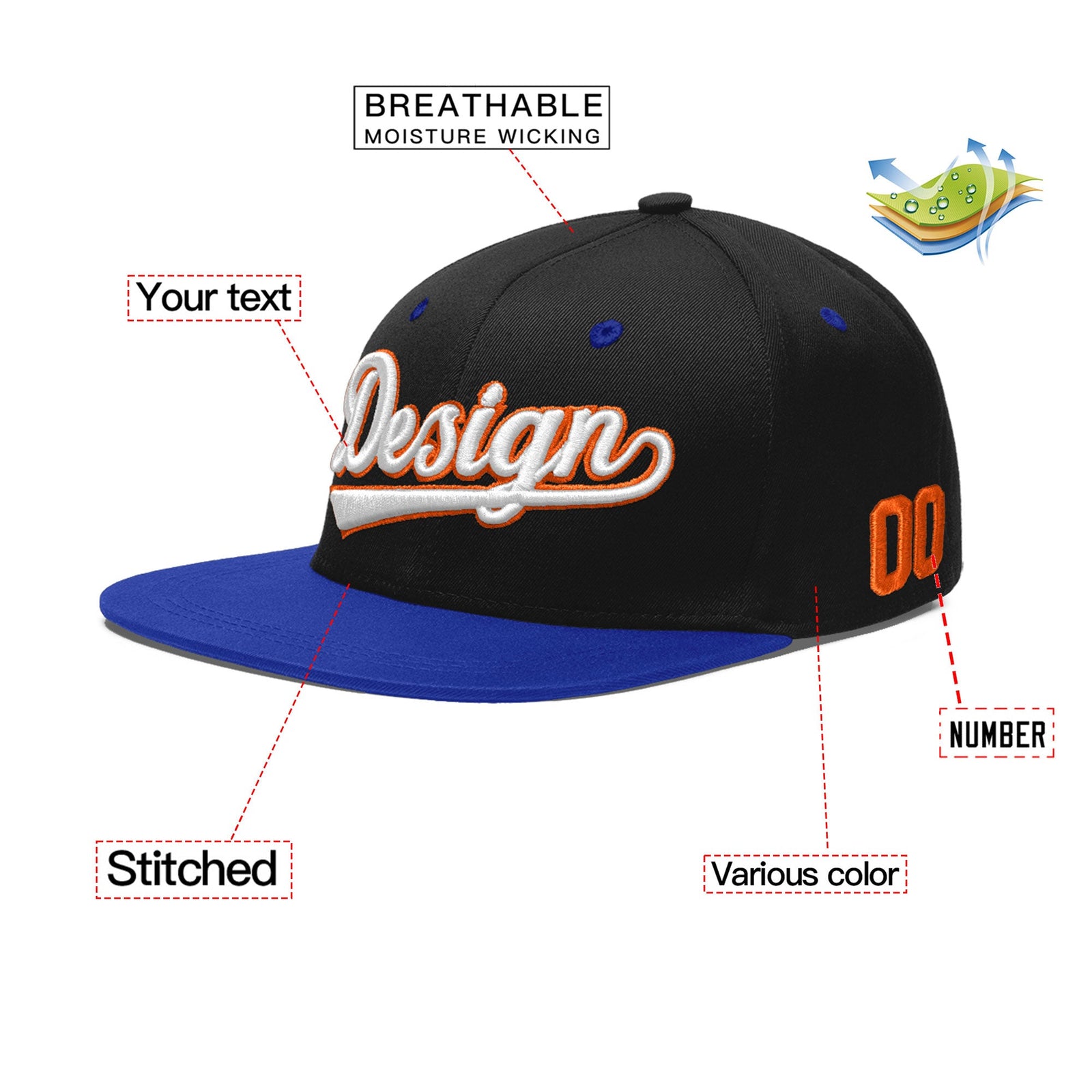 Custom Black Royal Blue 3D Puff Embroidery Flat Embroidery Casual Sport Baseball Cap