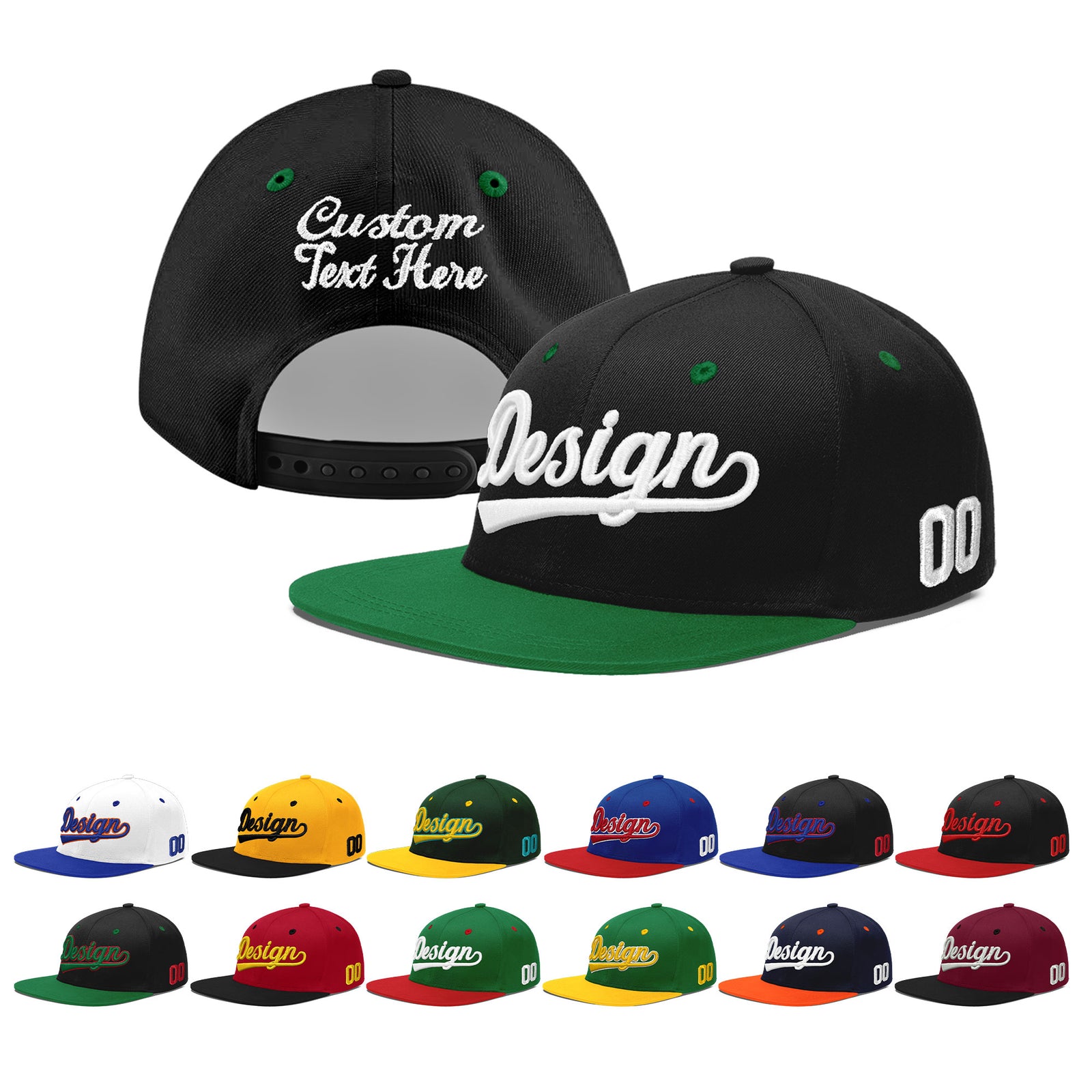 Custom Black Kelly Green 3D Puff Embroidery Flat Embroidery Casual Sport Baseball Cap