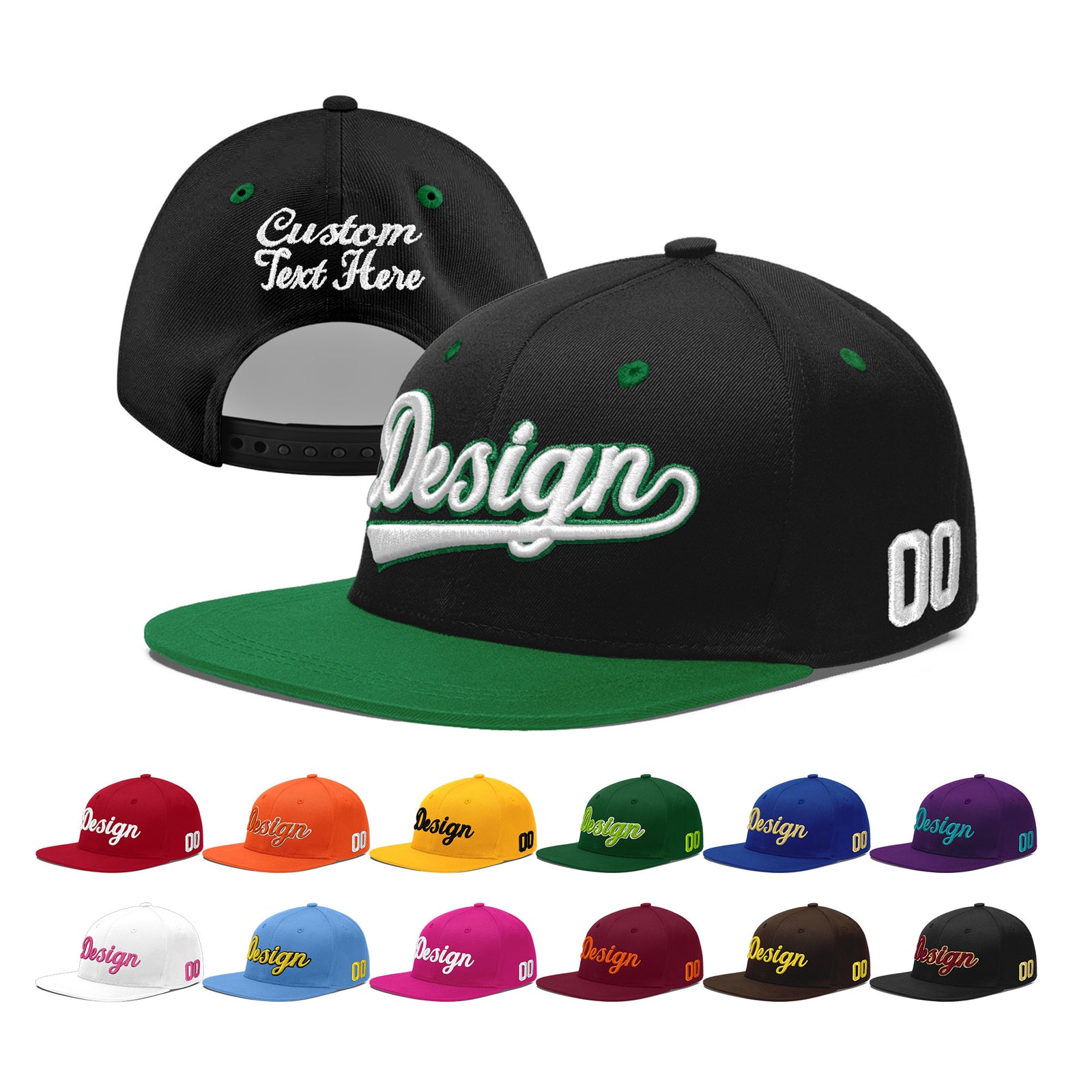 Custom Black Kelly Green 3D Puff Embroidery Flat Embroidery Casual Sport Baseball Cap