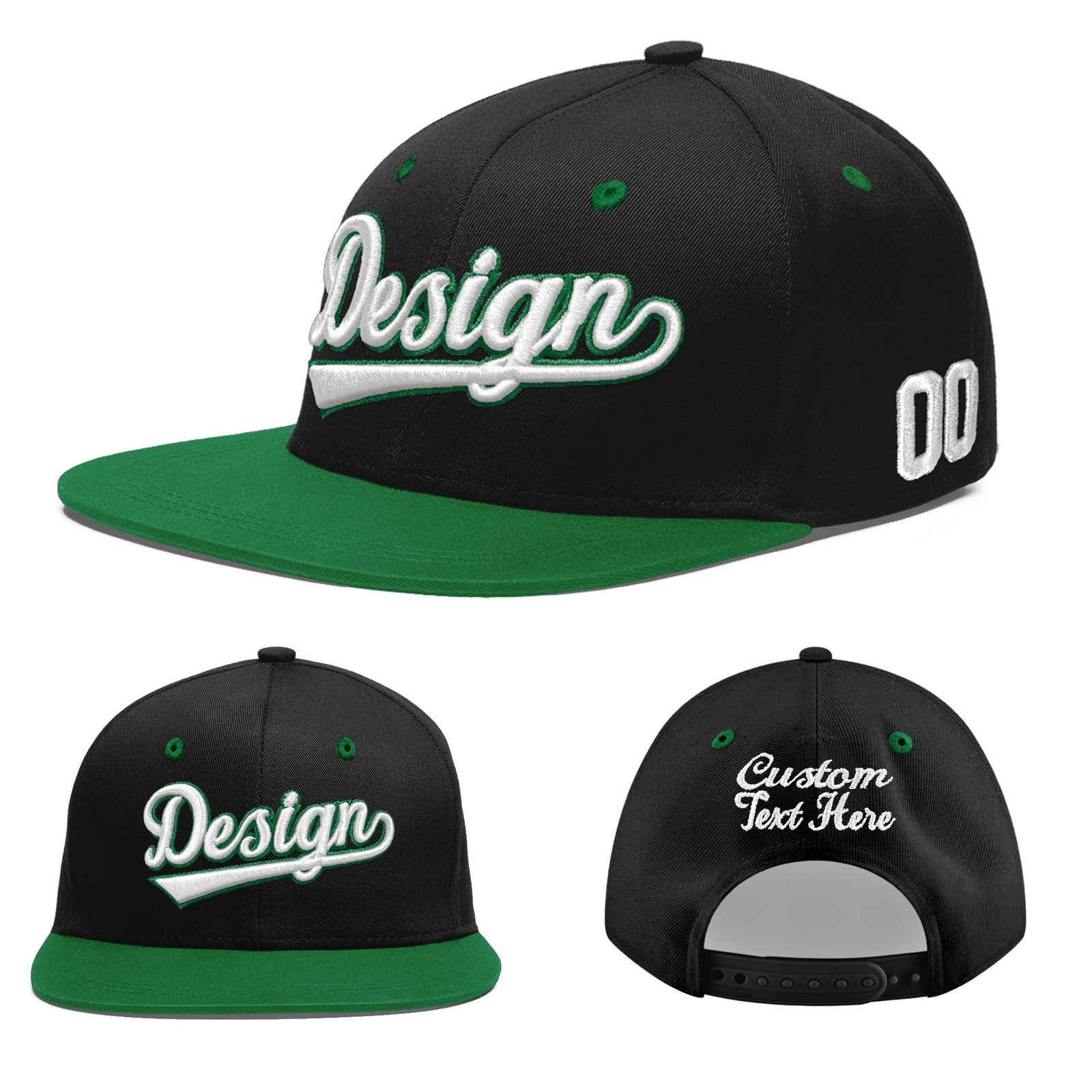 Custom Black Kelly Green 3D Puff Embroidery Flat Embroidery Casual Sport Baseball Cap