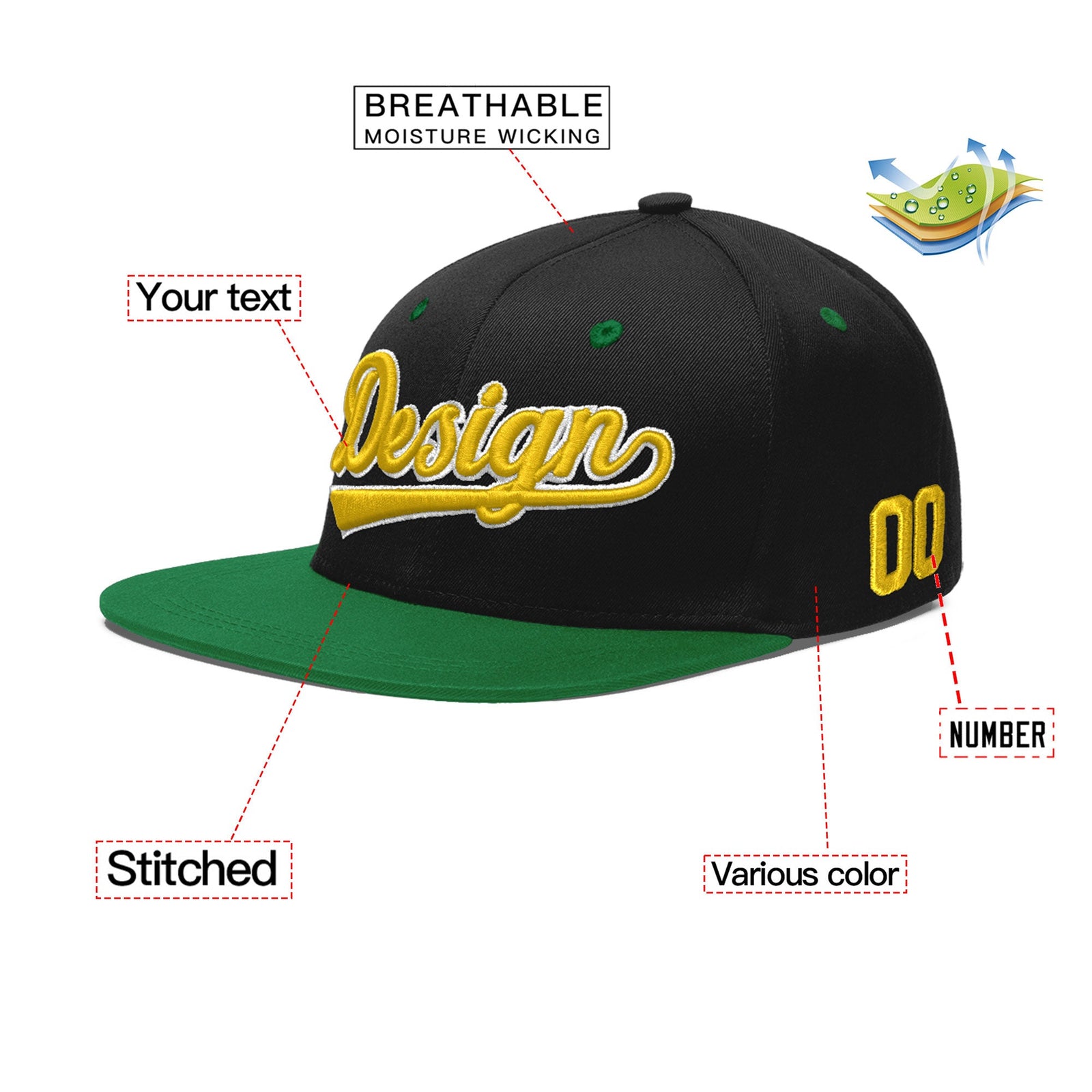 Custom Black Kelly Green 3D Puff Embroidery Flat Embroidery Casual Sport Baseball Cap