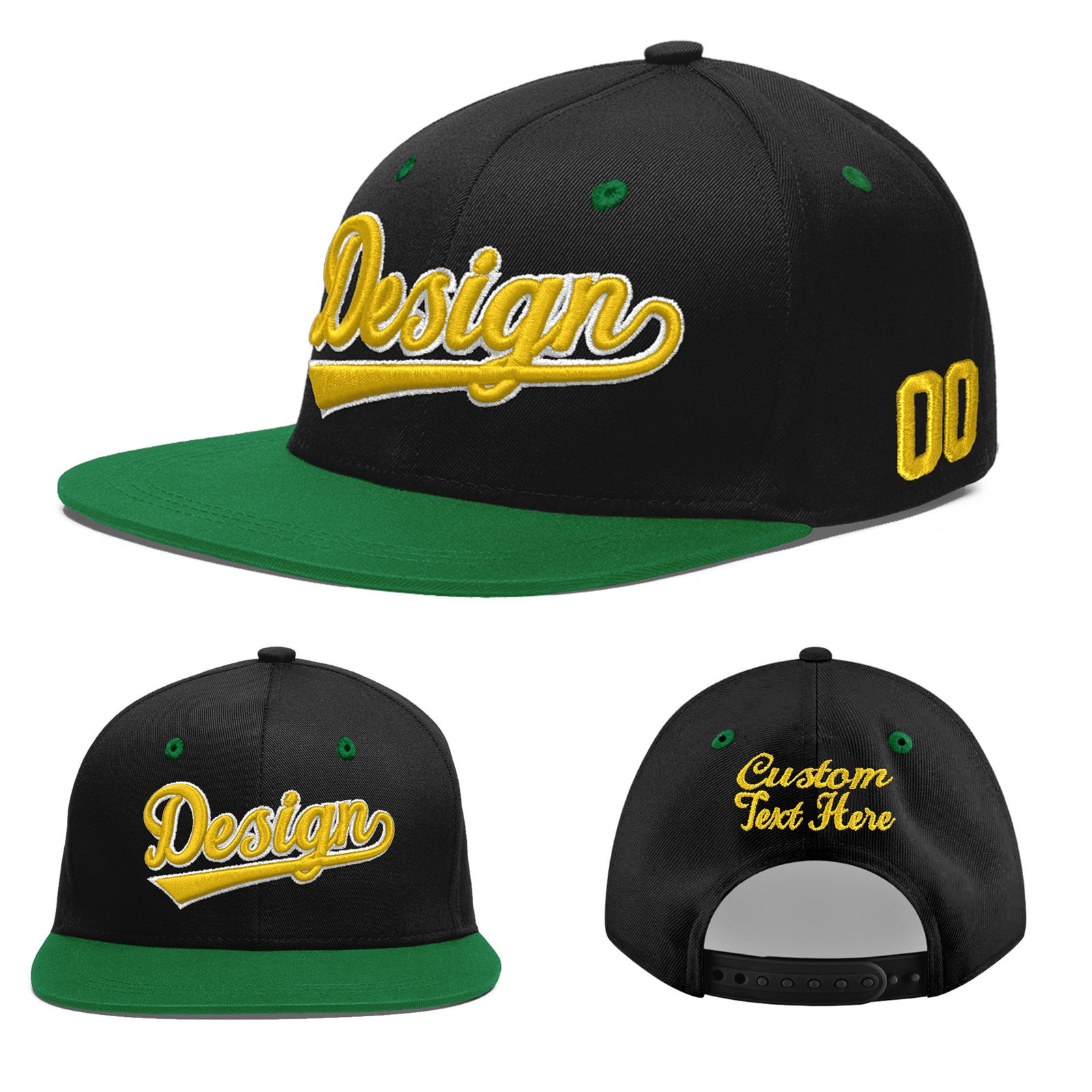 Custom Black Kelly Green 3D Puff Embroidery Flat Embroidery Casual Sport Baseball Cap
