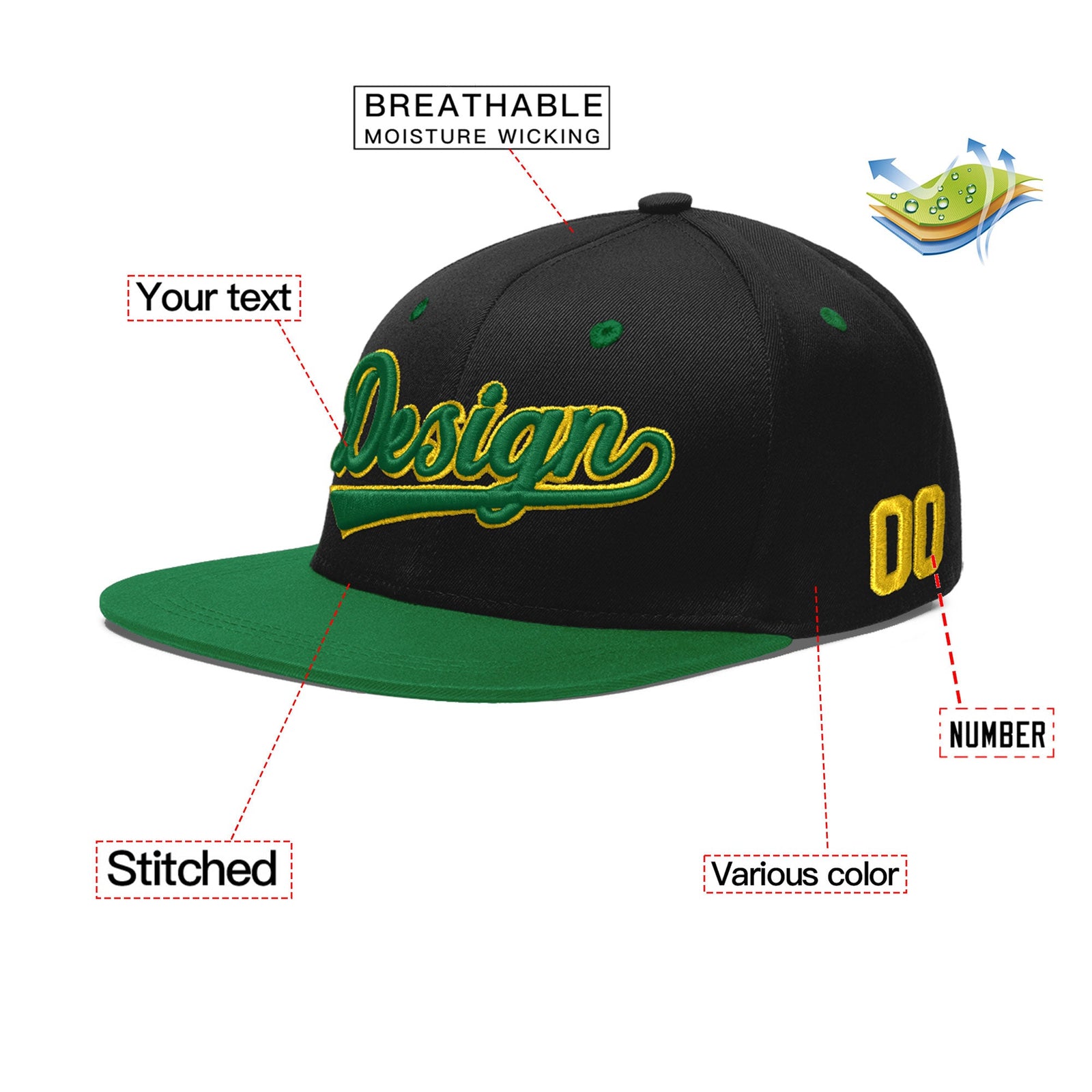 Custom Black Kelly Green 3D Puff Embroidery Flat Embroidery Casual Sport Baseball Cap