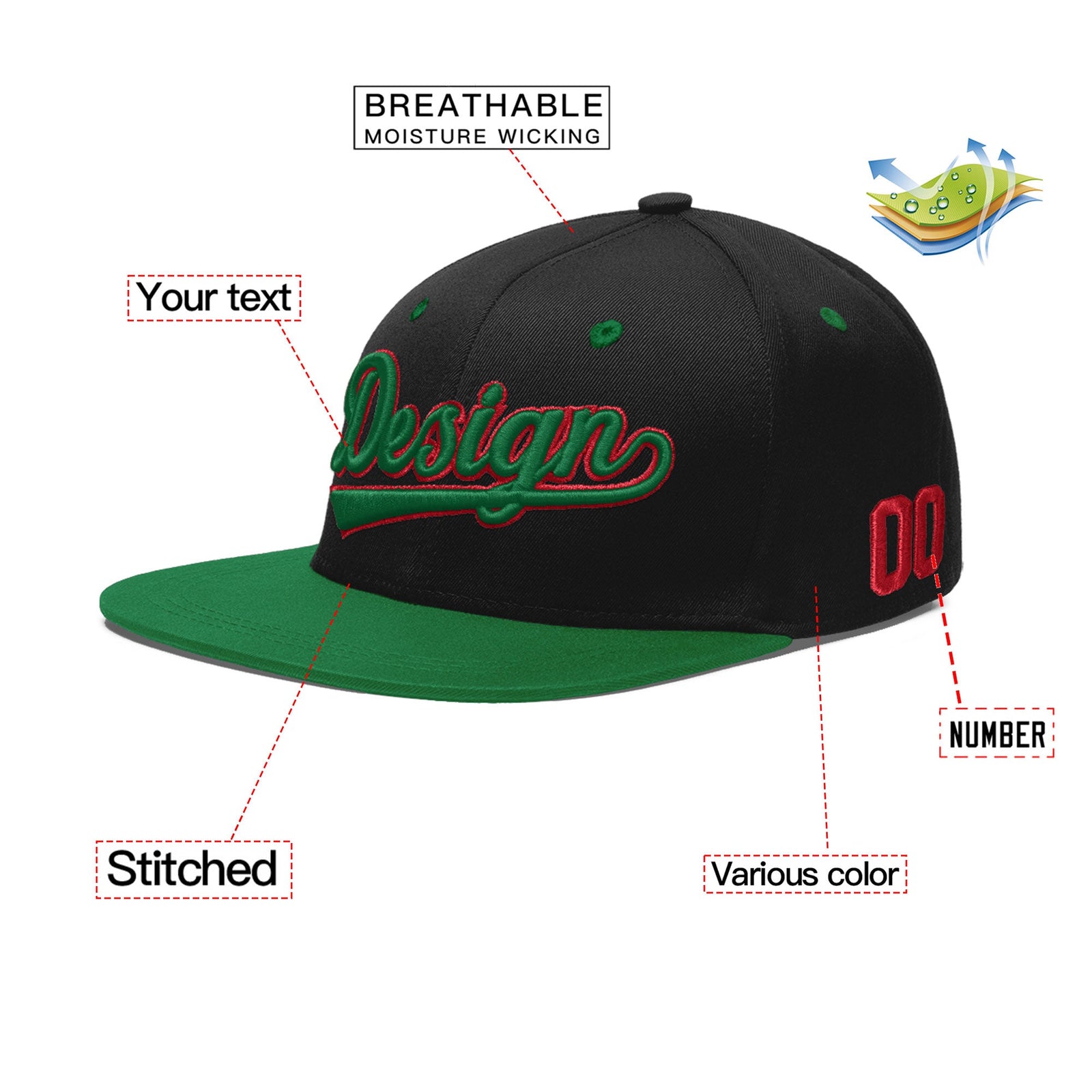 Custom Black Kelly Green 3D Puff Embroidery Flat Embroidery Casual Sport Baseball Cap
