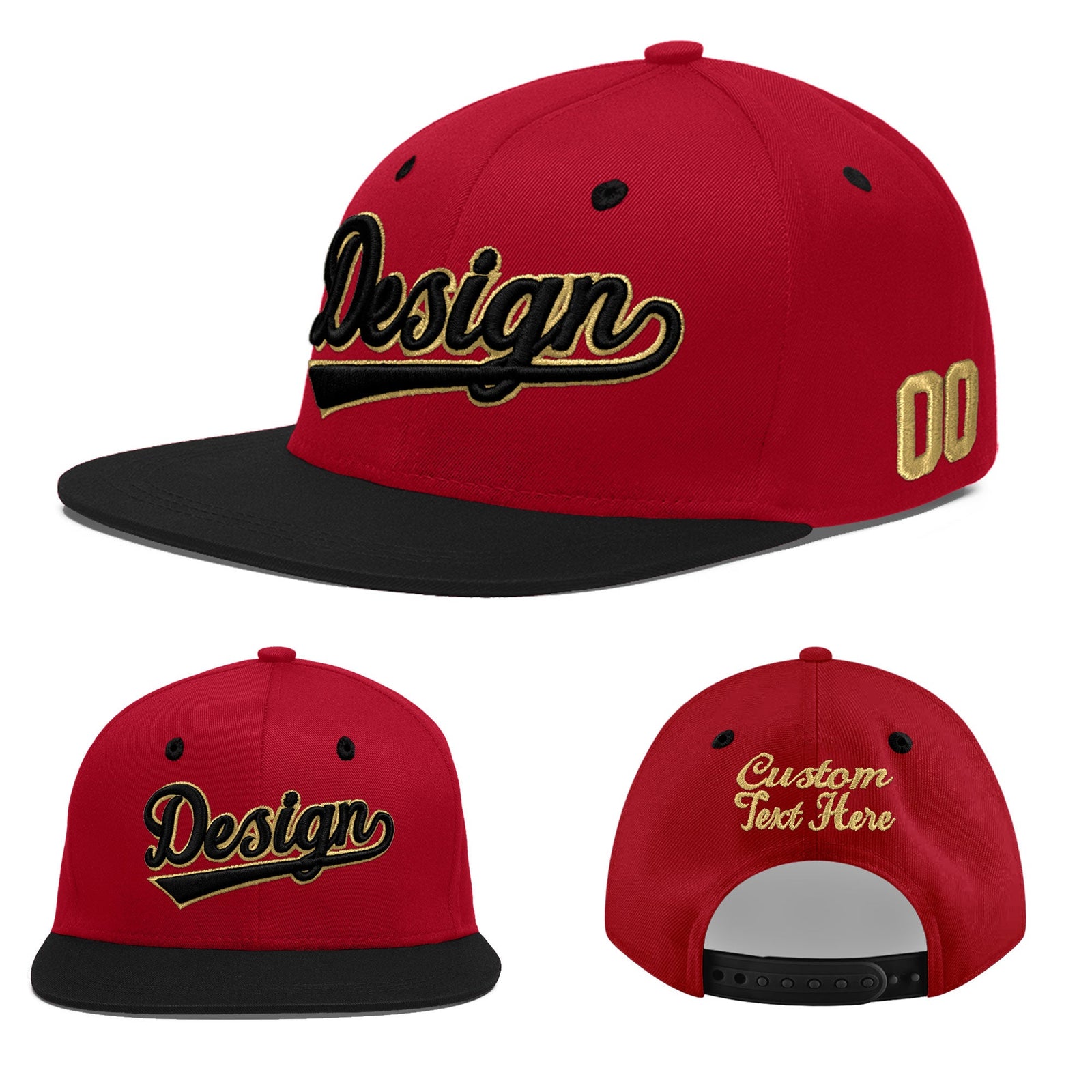 Custom Red Black 3D Puff Embroidery Flat Embroidery Casual Sport Baseball Cap