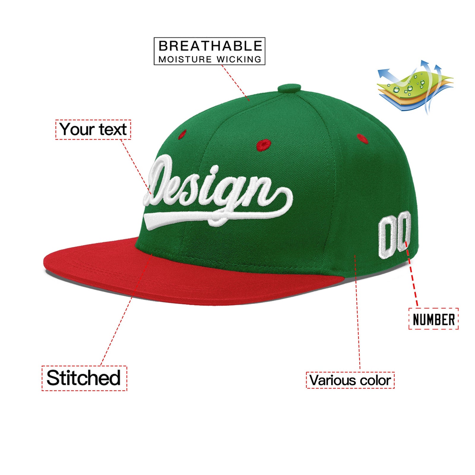 Custom Kelly Green Red 3D Puff Embroidery Flat Embroidery Casual Sport Baseball Cap