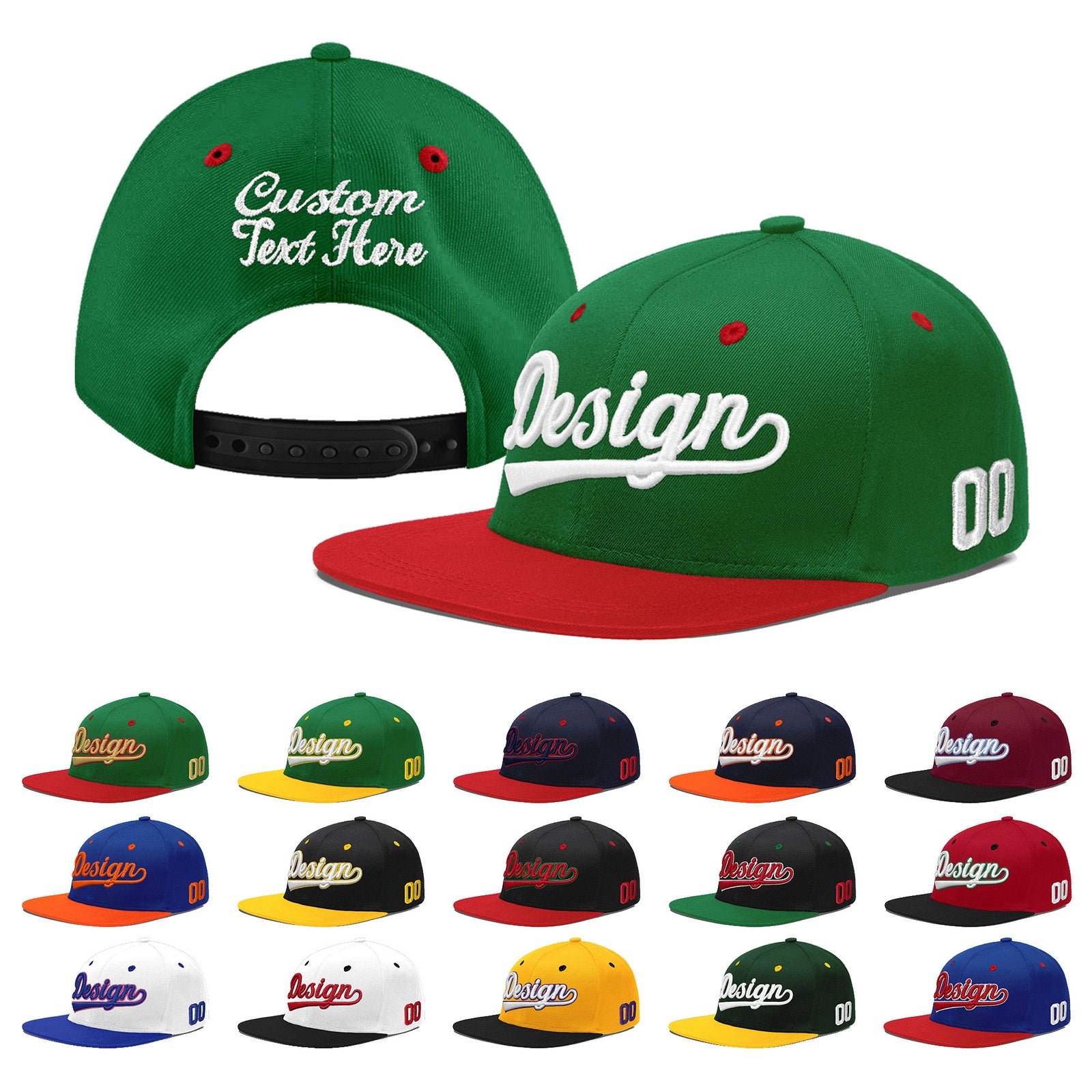Custom Kelly Green Red 3D Puff Embroidery Flat Embroidery Casual Sport Baseball Cap