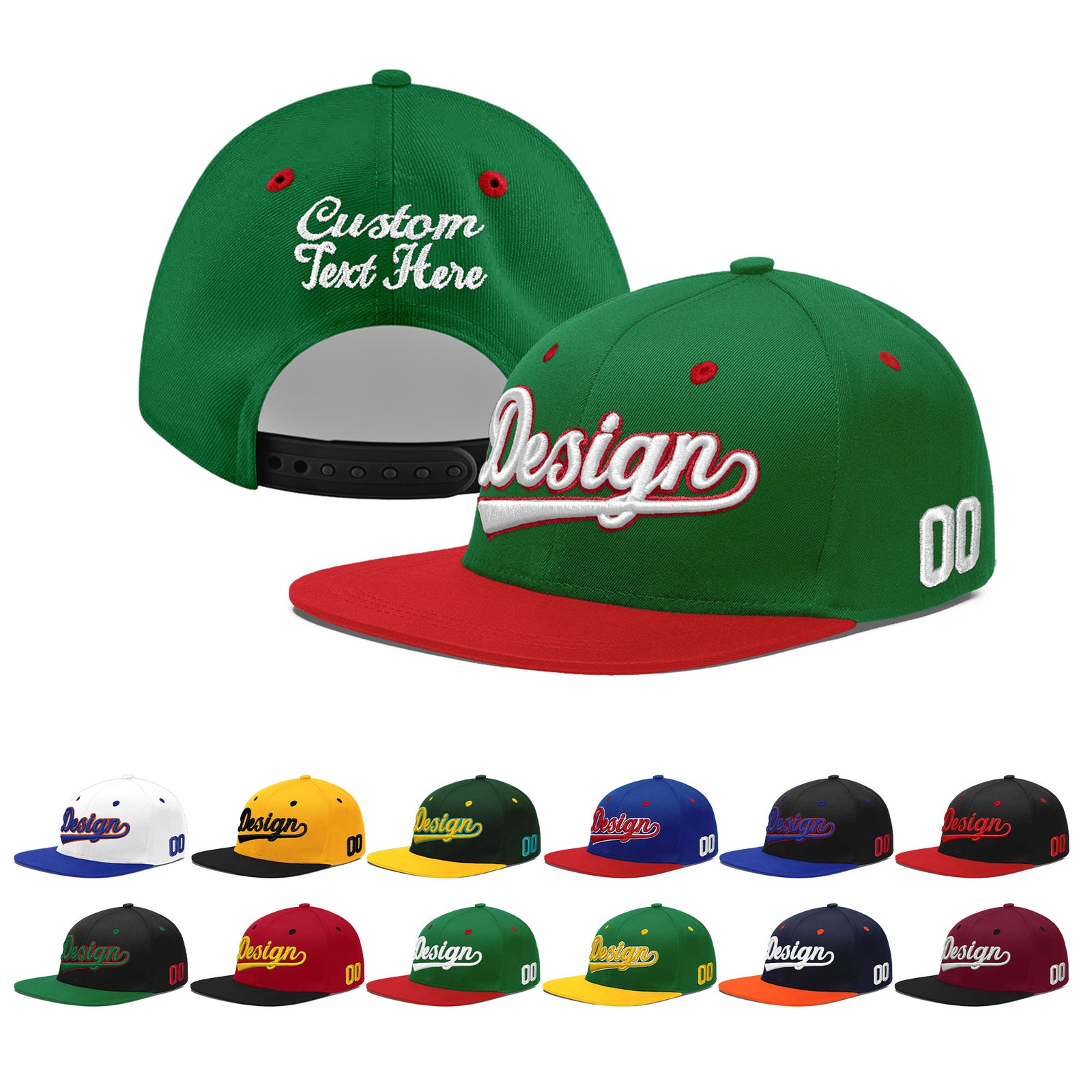 Custom Kelly Green Red 3D Puff Embroidery Flat Embroidery Casual Sport Baseball Cap