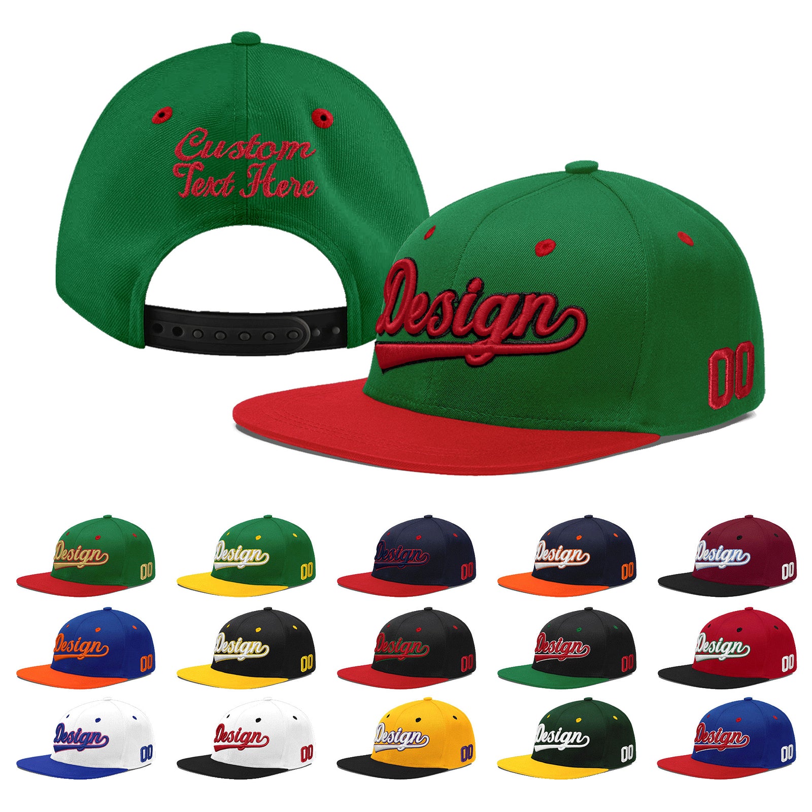 Custom Kelly Green Red 3D Puff Embroidery Flat Embroidery Casual Sport Baseball Cap