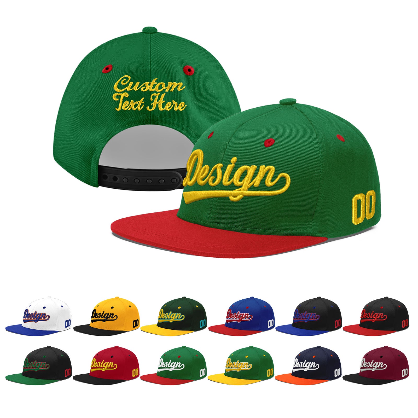 Custom Kelly Green Red 3D Puff Embroidery Flat Embroidery Casual Sport Baseball Cap
