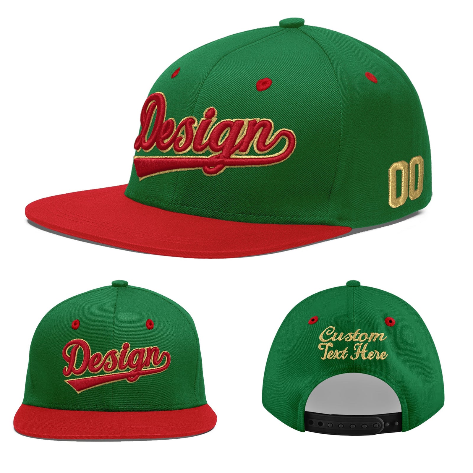 Custom Kelly Green Red 3D Puff Embroidery Flat Embroidery Casual Sport Baseball Cap