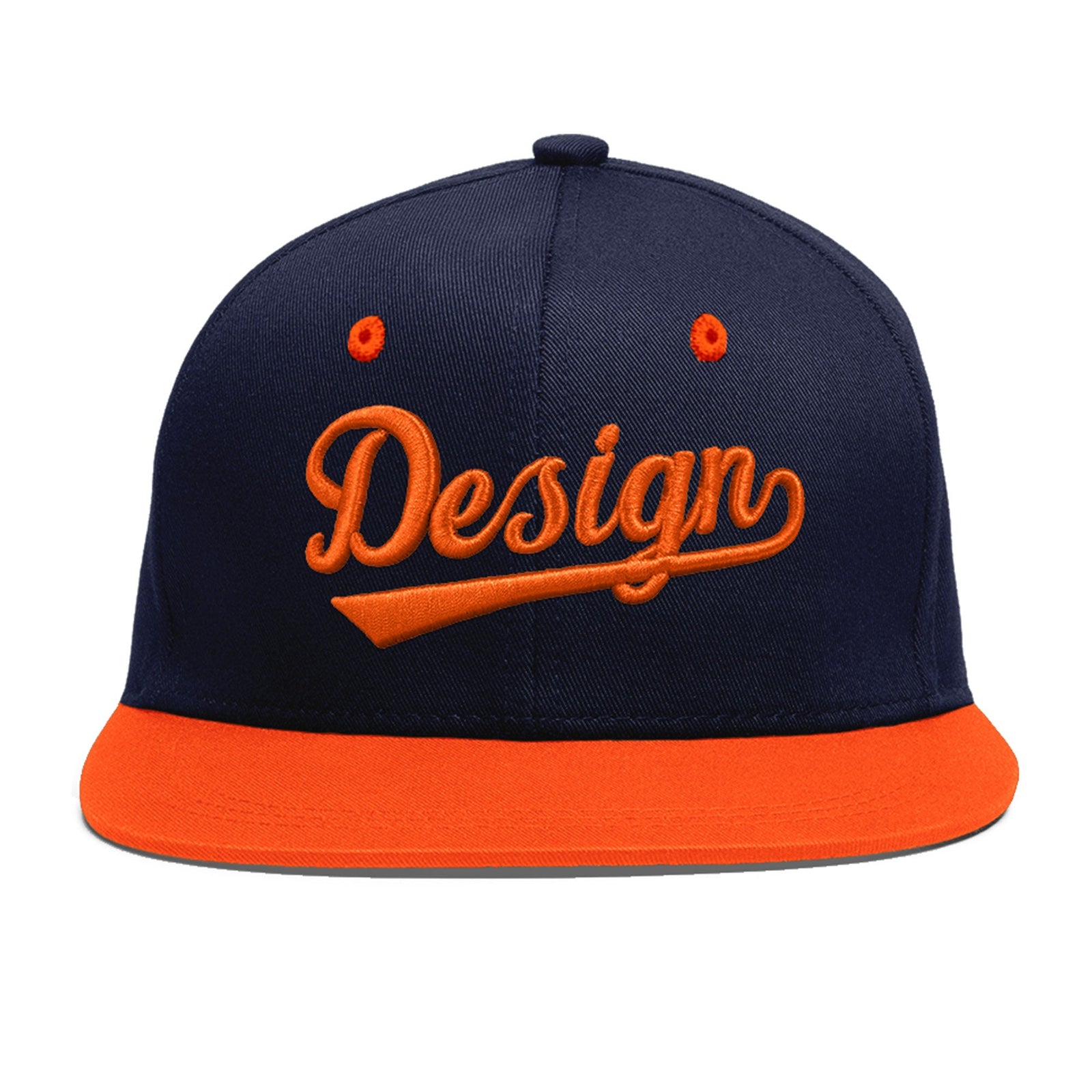 Custom Navy Orange 3D Puff Embroidery Flat Embroidery Casual Sport Baseball Cap