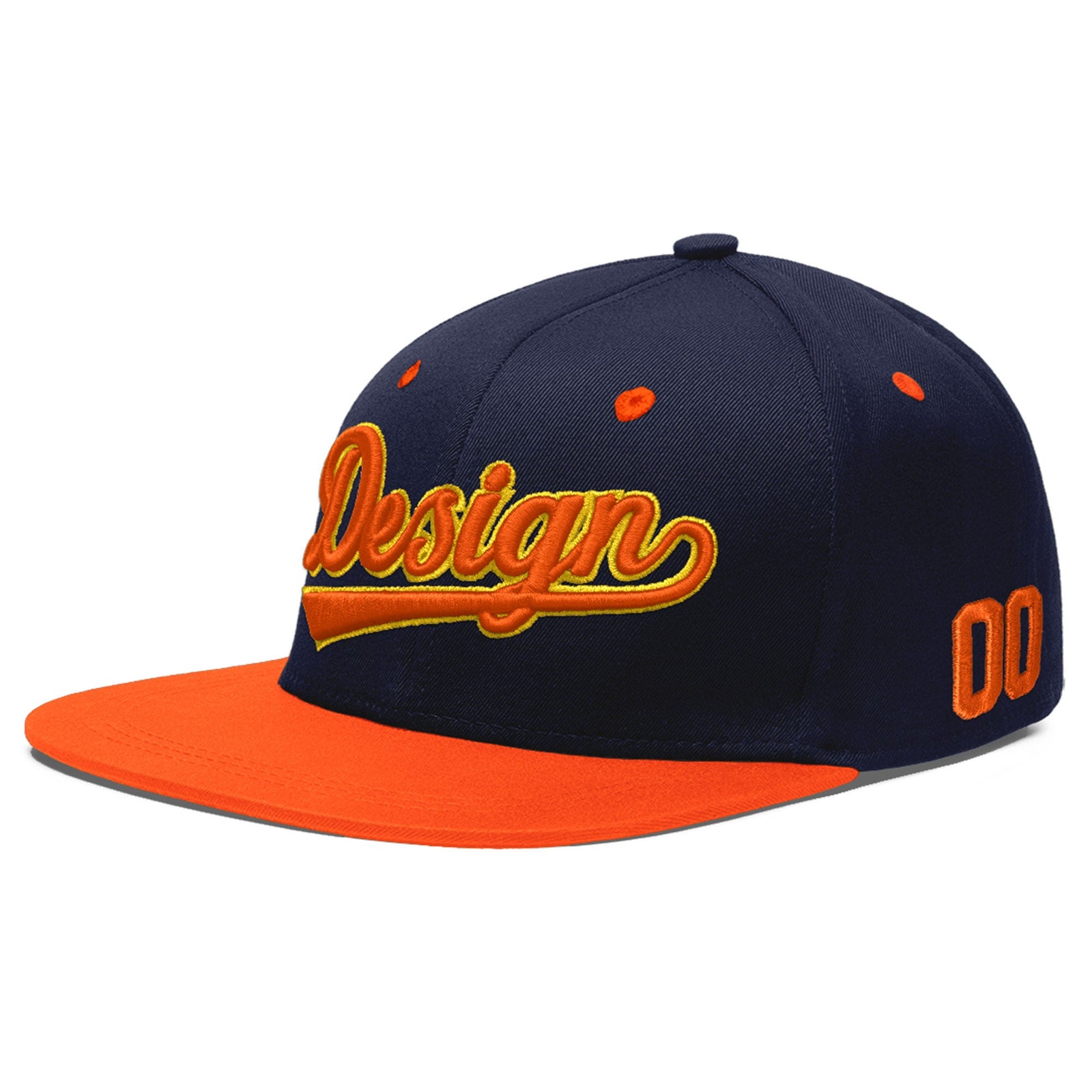 Custom Navy Orange 3D Puff Embroidery Flat Embroidery Casual Sport Baseball Cap