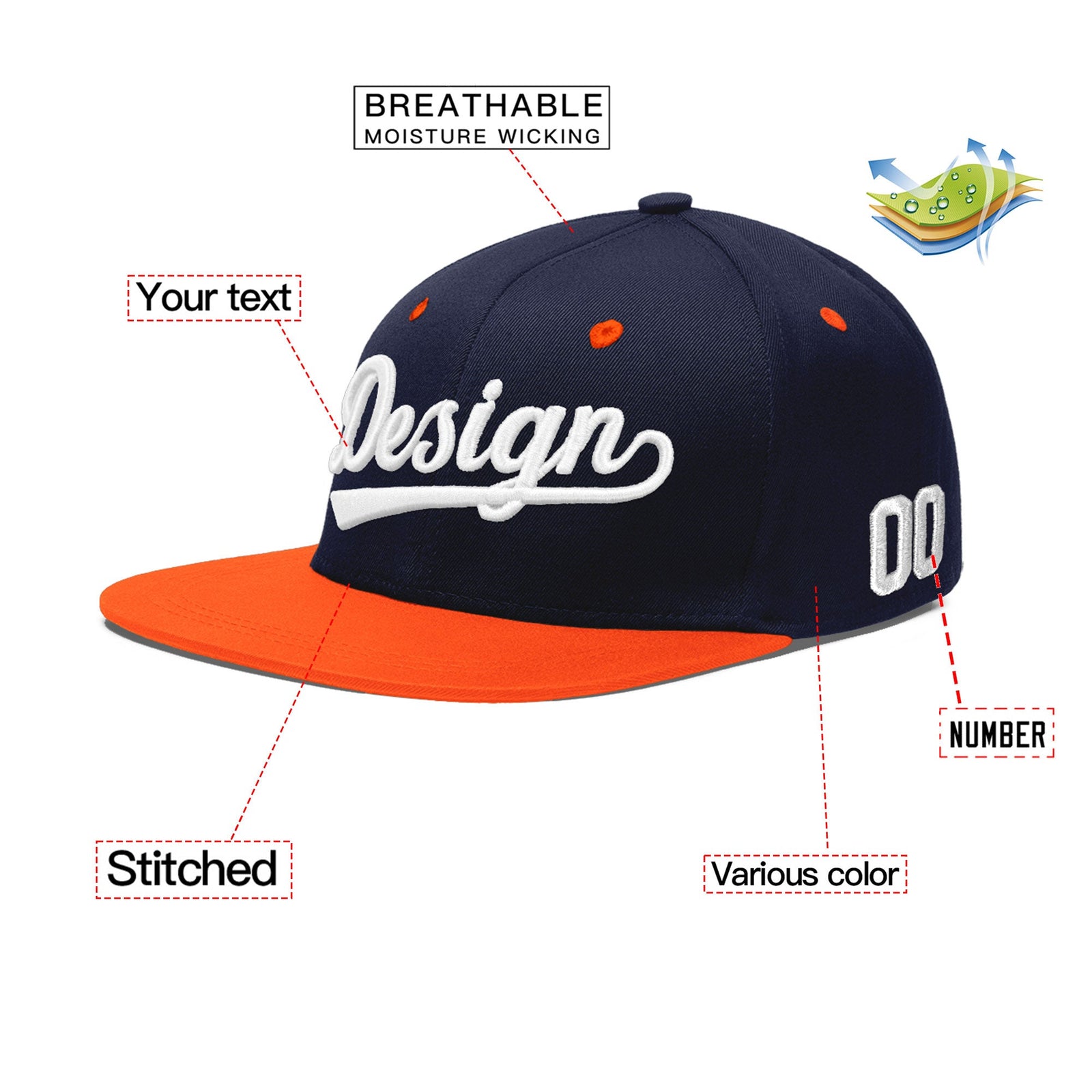 Custom Navy Orange 3D Puff Embroidery Flat Embroidery Casual Sport Baseball Cap