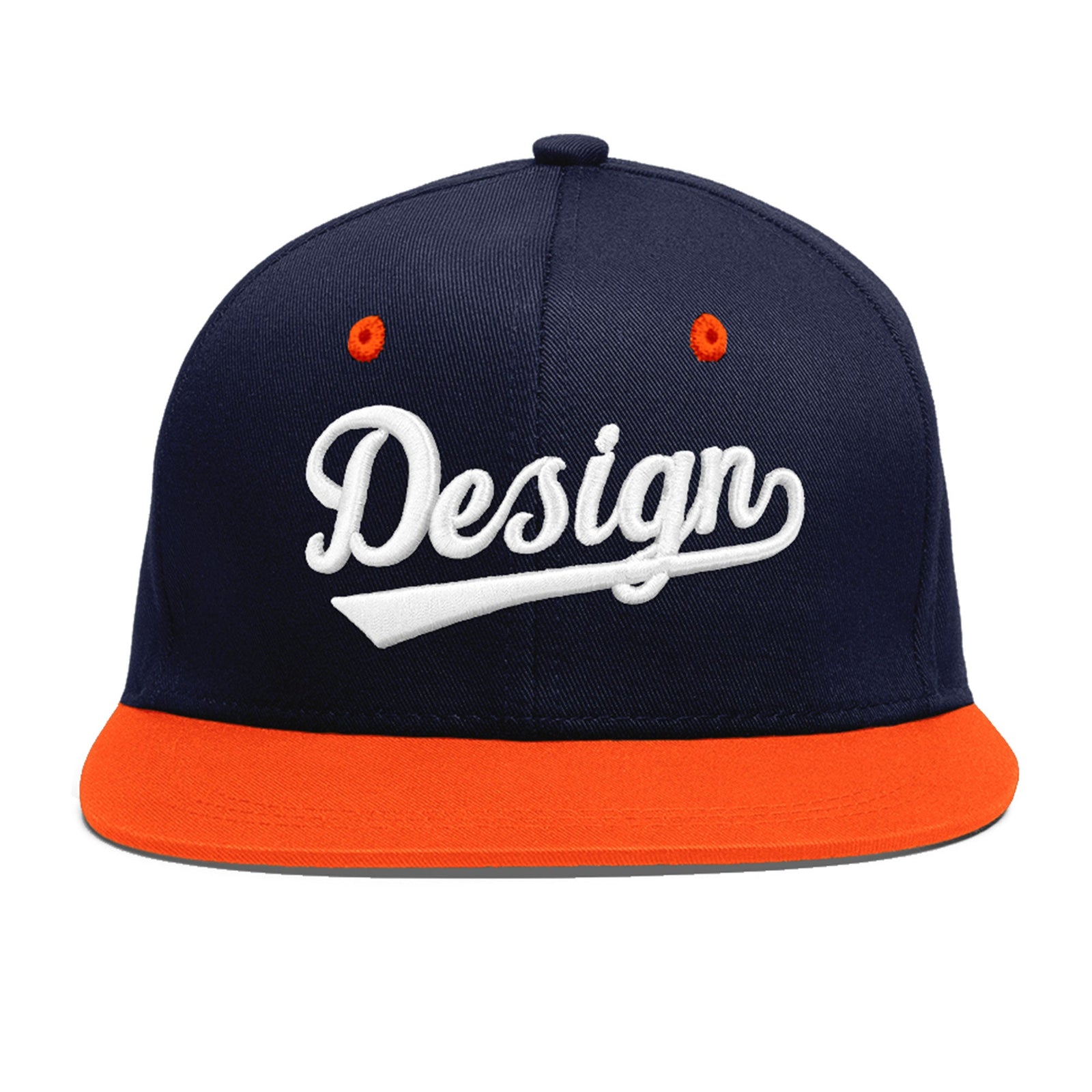 Custom Navy Orange 3D Puff Embroidery Flat Embroidery Casual Sport Baseball Cap