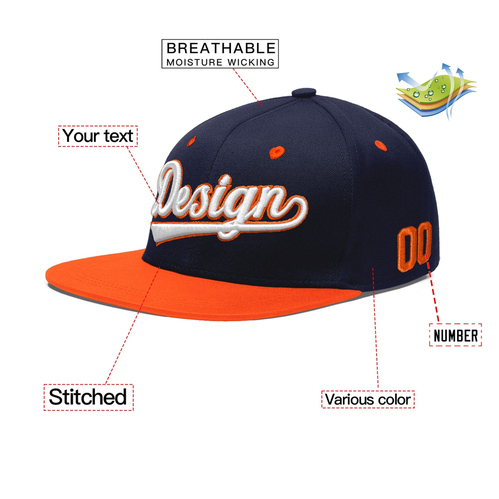 Custom Navy Orange 3D Puff Embroidery Flat Embroidery Casual Sport Baseball Cap