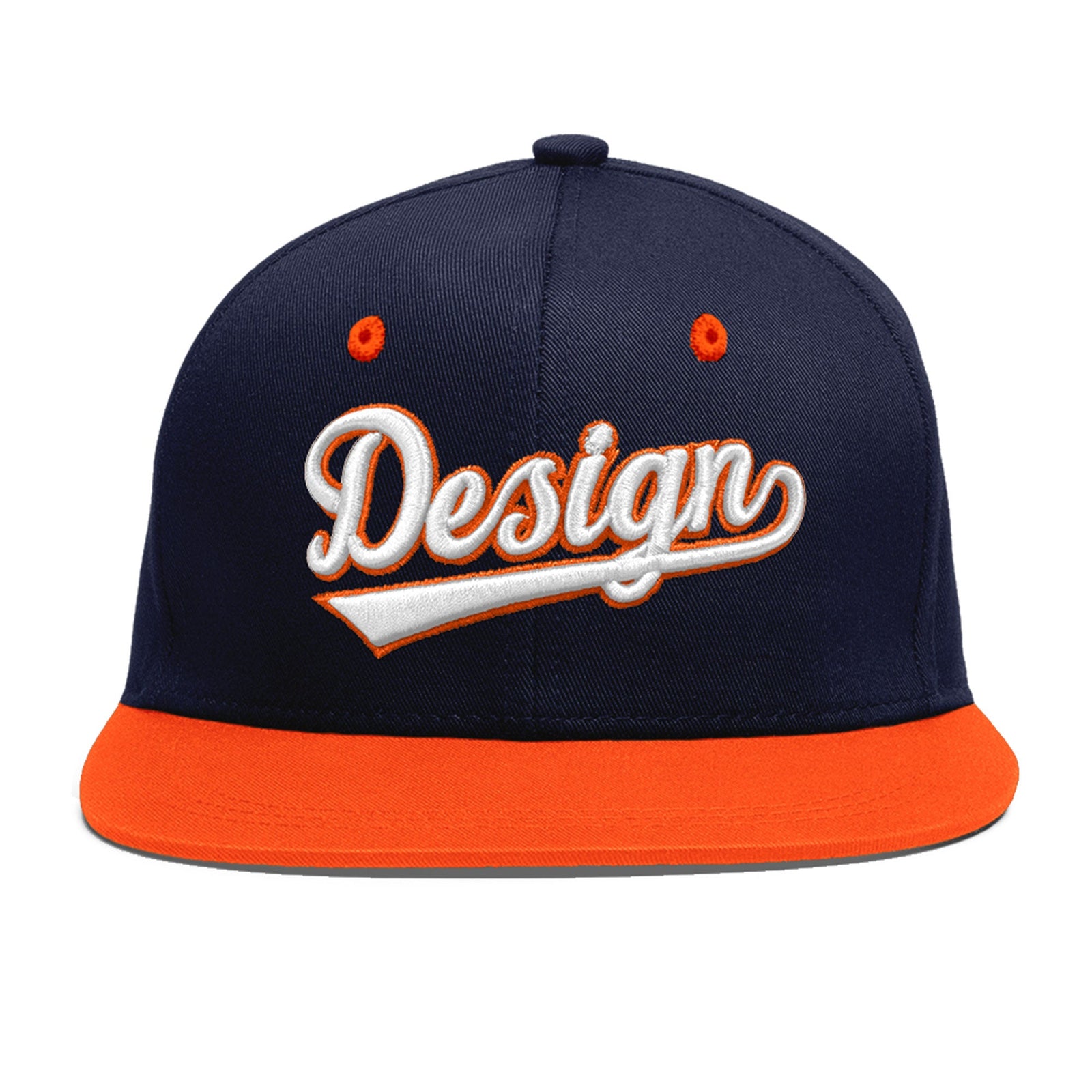 Custom Navy Orange 3D Puff Embroidery Flat Embroidery Casual Sport Baseball Cap