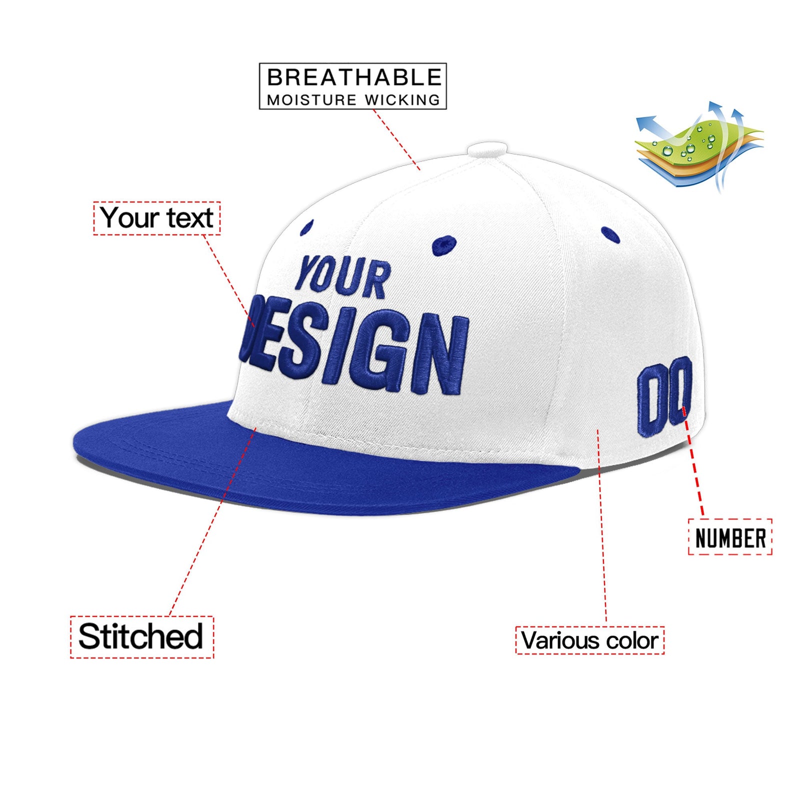 Custom White Royal Blue 3D Puff Embroidery Flat Embroidery Casual Sport Baseball Cap
