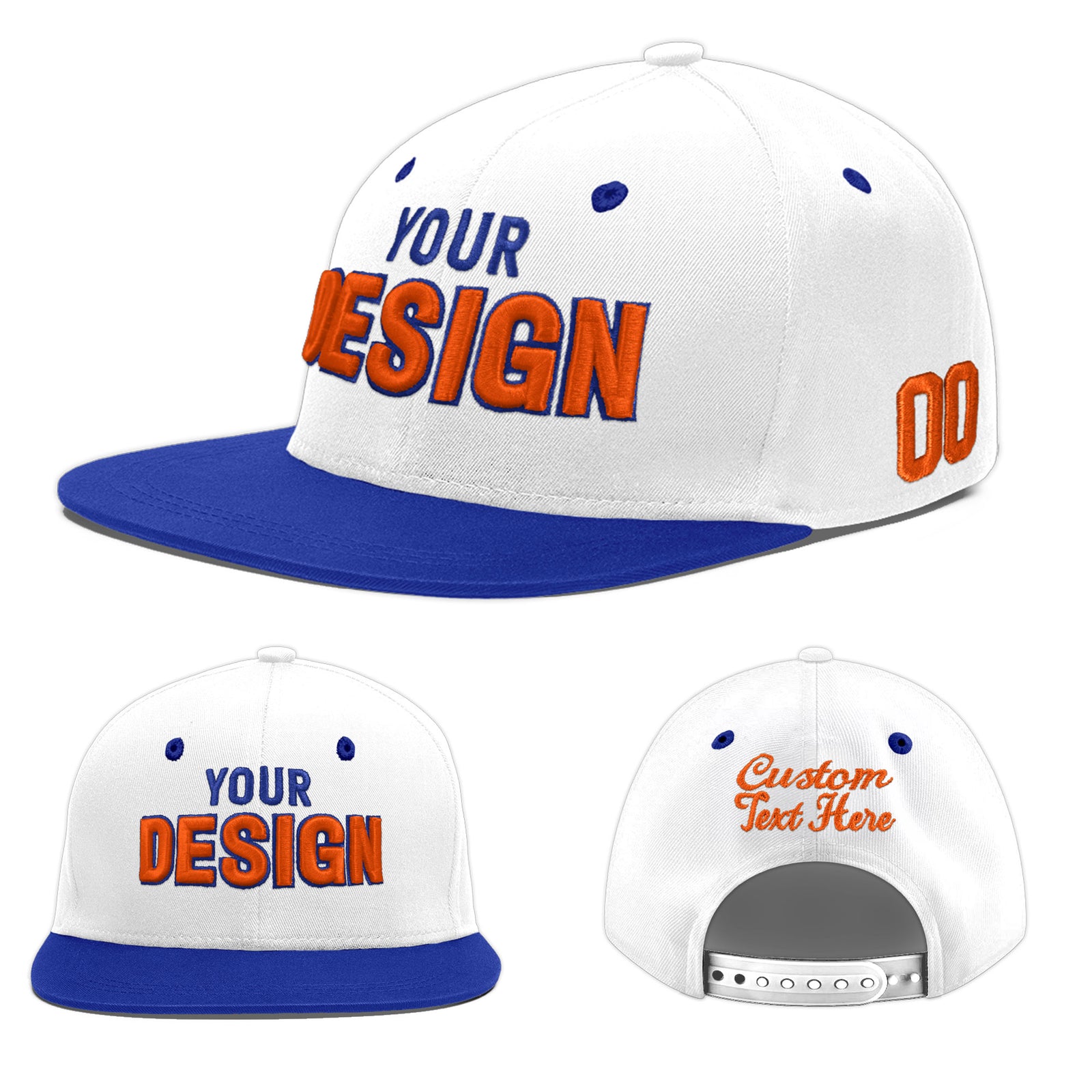 Custom White Royal Blue 3D Puff Embroidery Flat Embroidery Casual Sport Baseball Cap