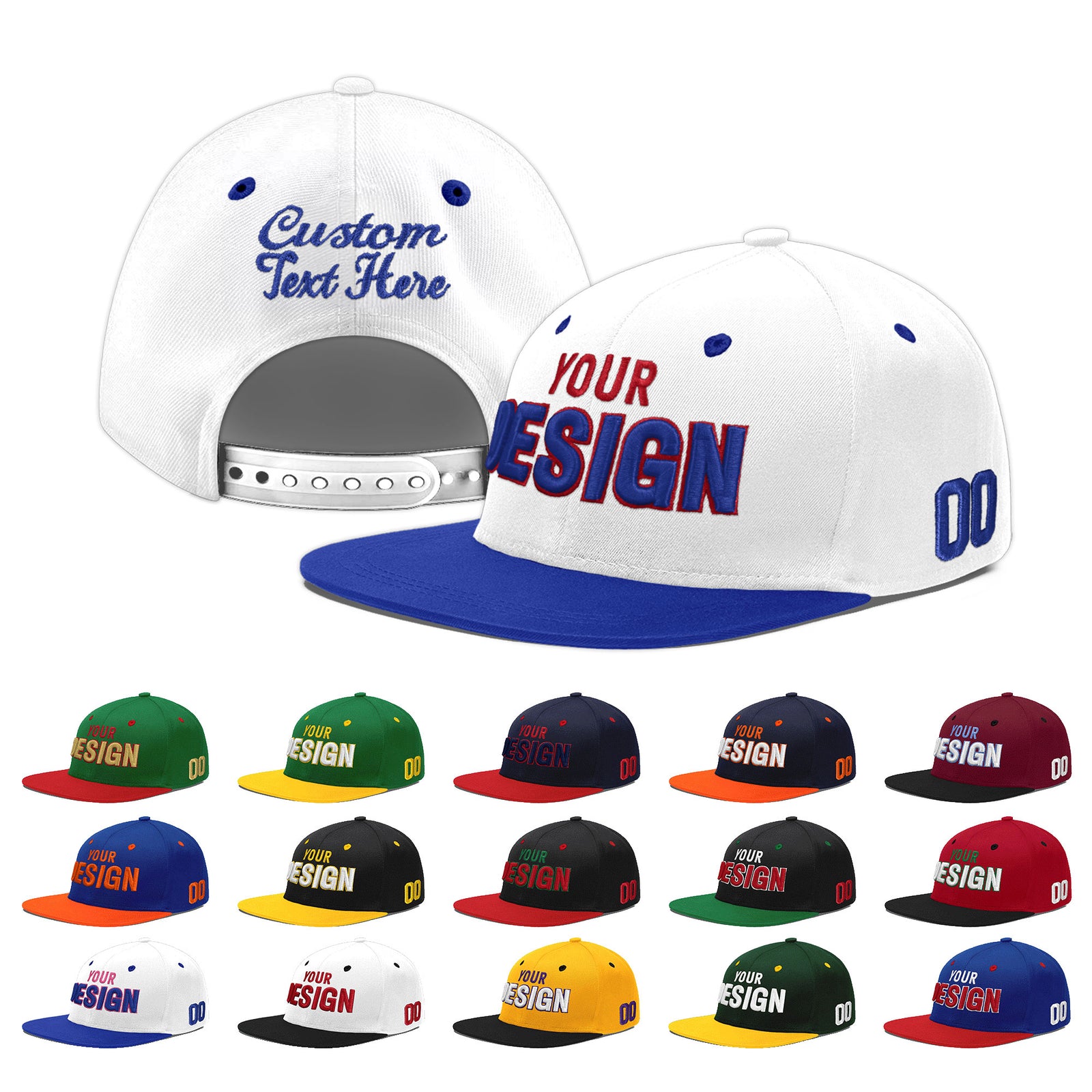 Custom White Royal Blue 3D Puff Embroidery Flat Embroidery Casual Sport Baseball Cap