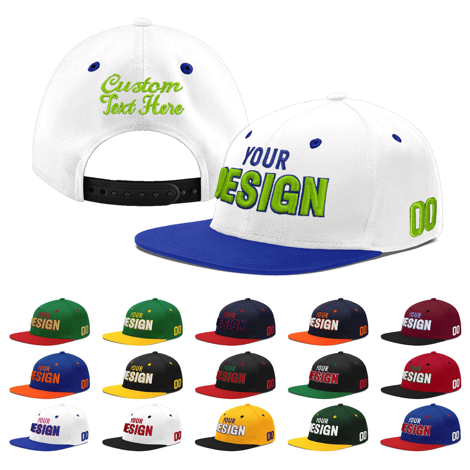 Custom White Royal Blue 3D Puff Embroidery Flat Embroidery Casual Sport Baseball Cap