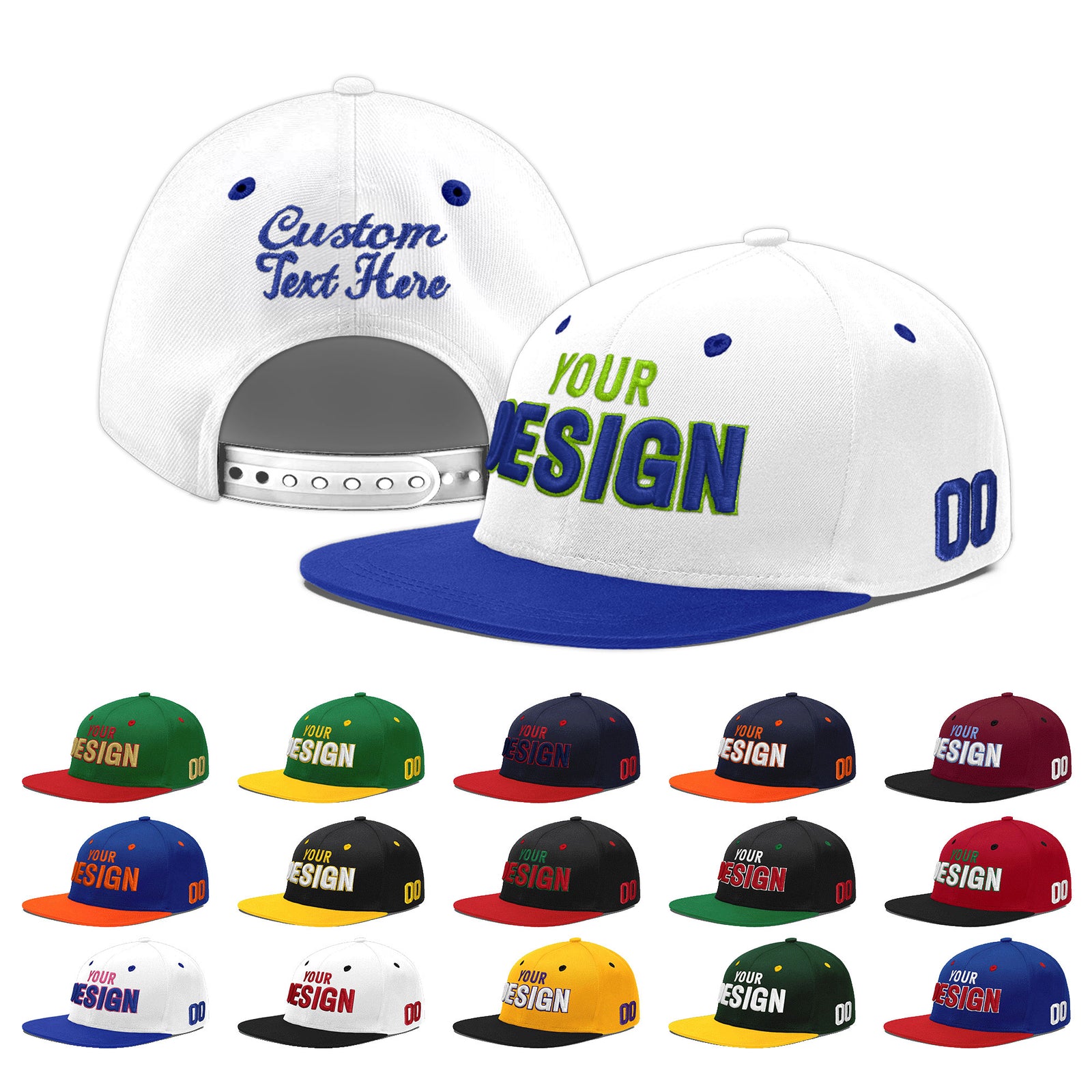 Custom White Royal Blue 83D Puff Embroidery Flat Embroidery Casual Sport Baseball Cap