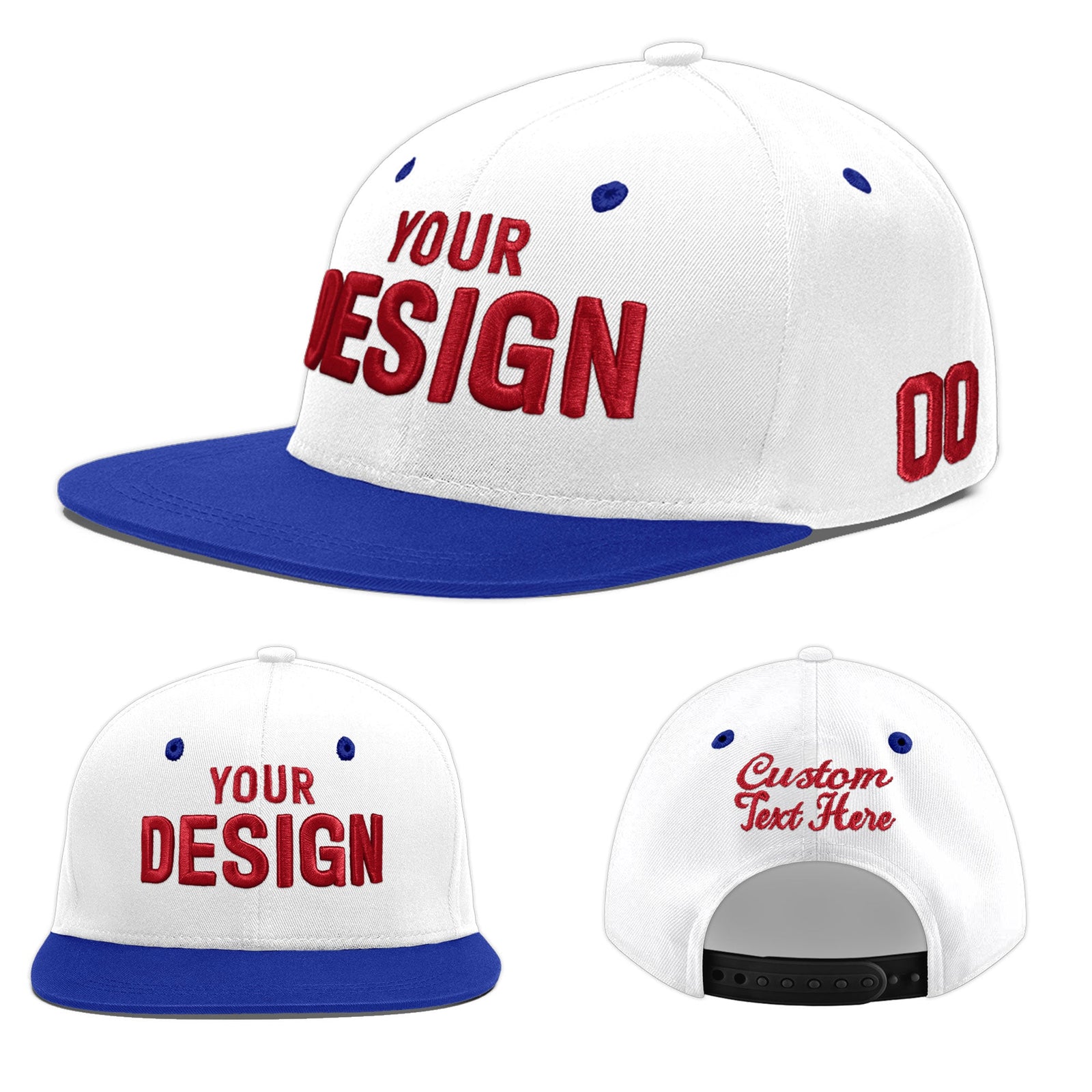 Custom White Royal Blue 92D Puff Embroidery Flat Embroidery Casual Sport Baseball Cap