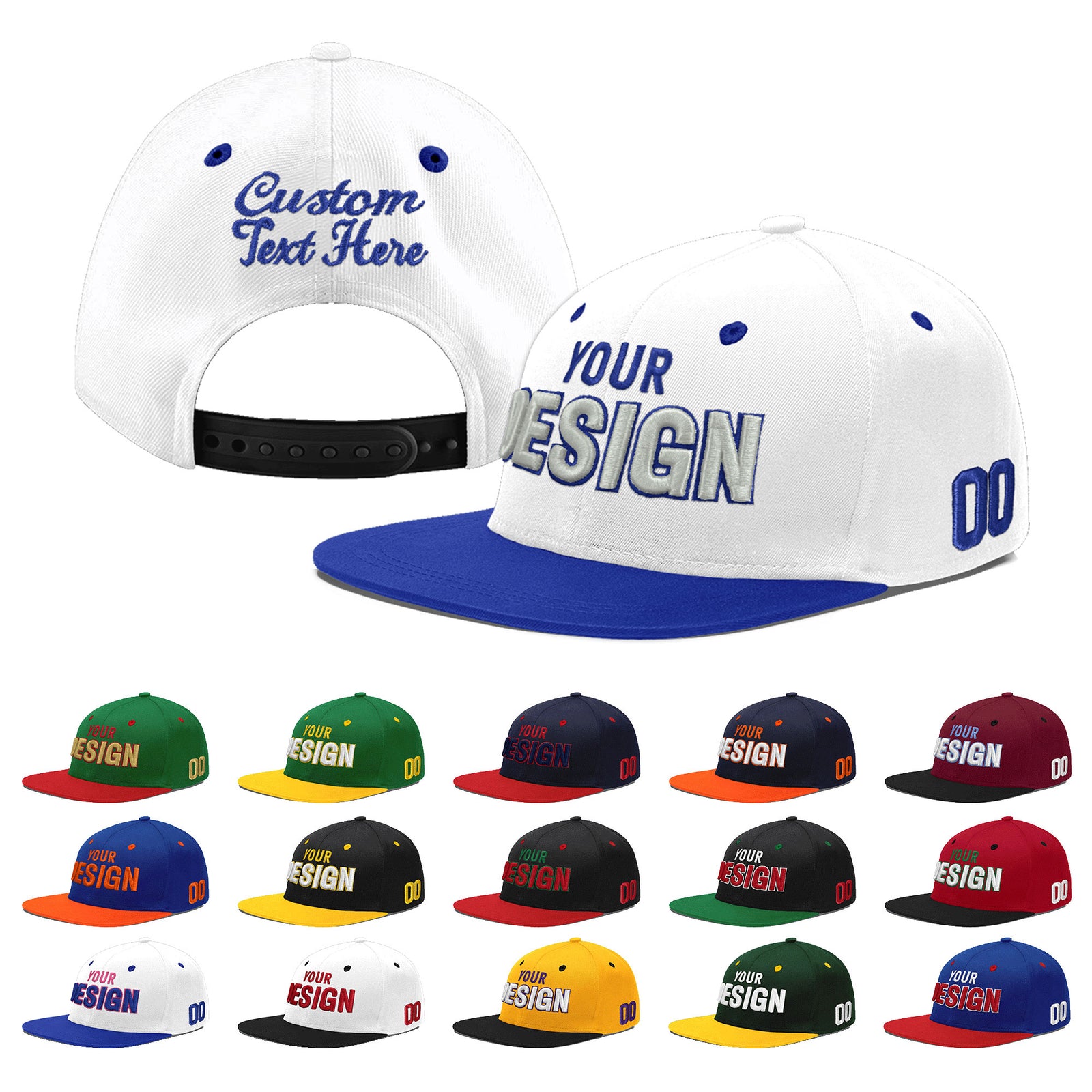 Custom White Royal Blue 99D Puff Embroidery Flat Embroidery Casual Sport Baseball Cap