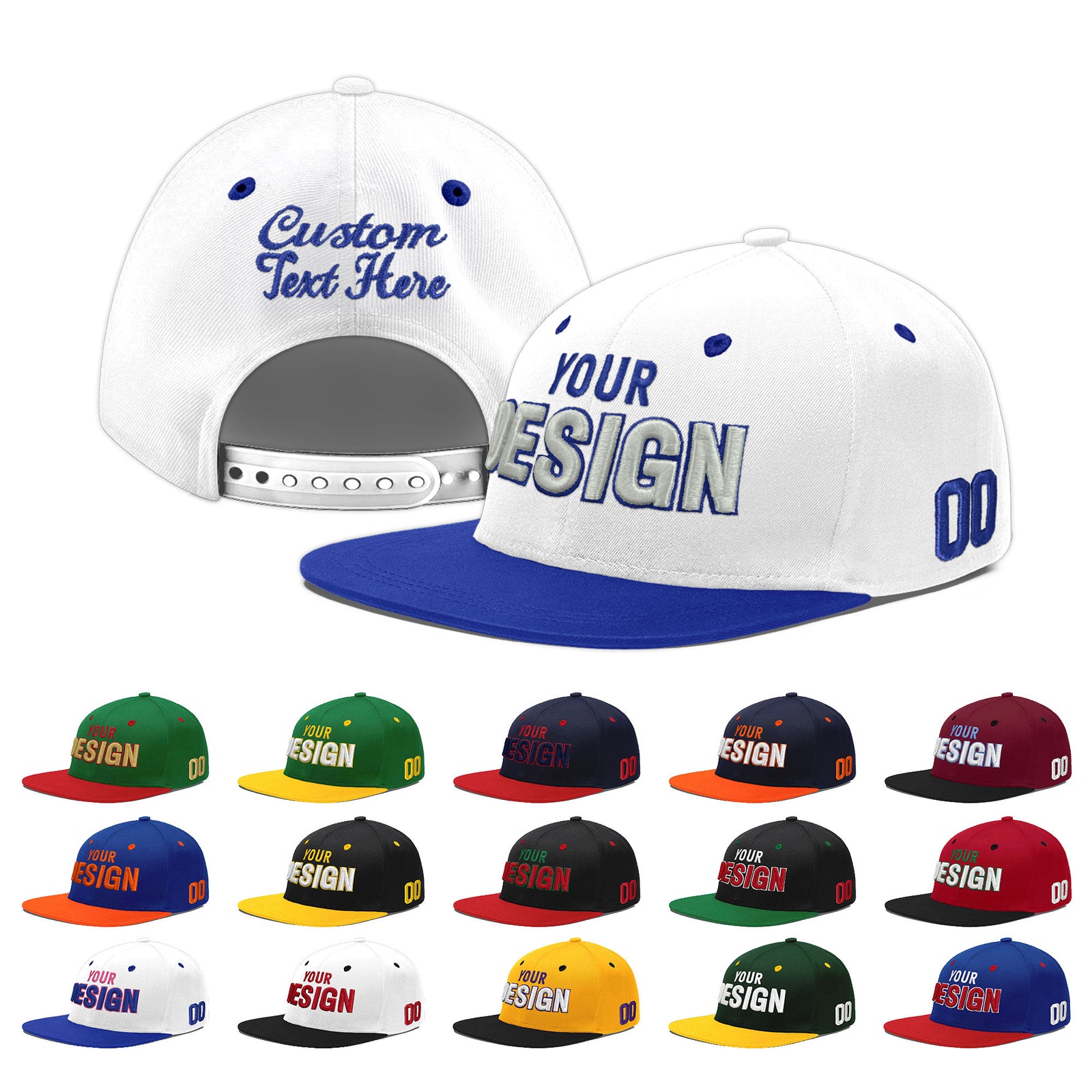 Custom White Royal Blue 99D Puff Embroidery Flat Embroidery Casual Sport Baseball Cap