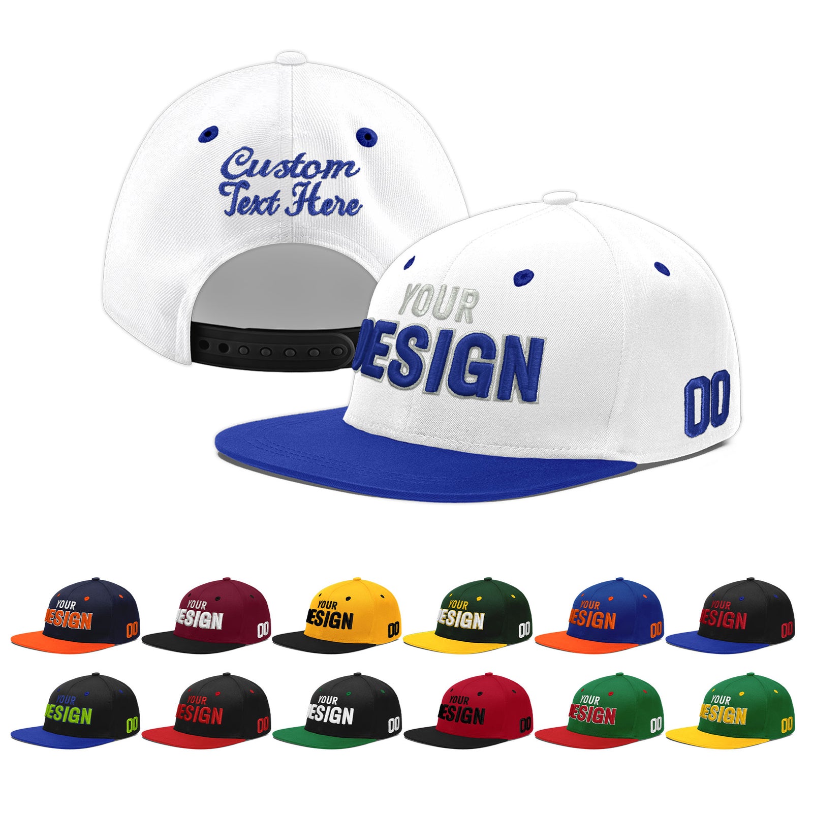 Custom White Royal Blue 107D Puff Embroidery Flat Embroidery Casual Sport Baseball Cap
