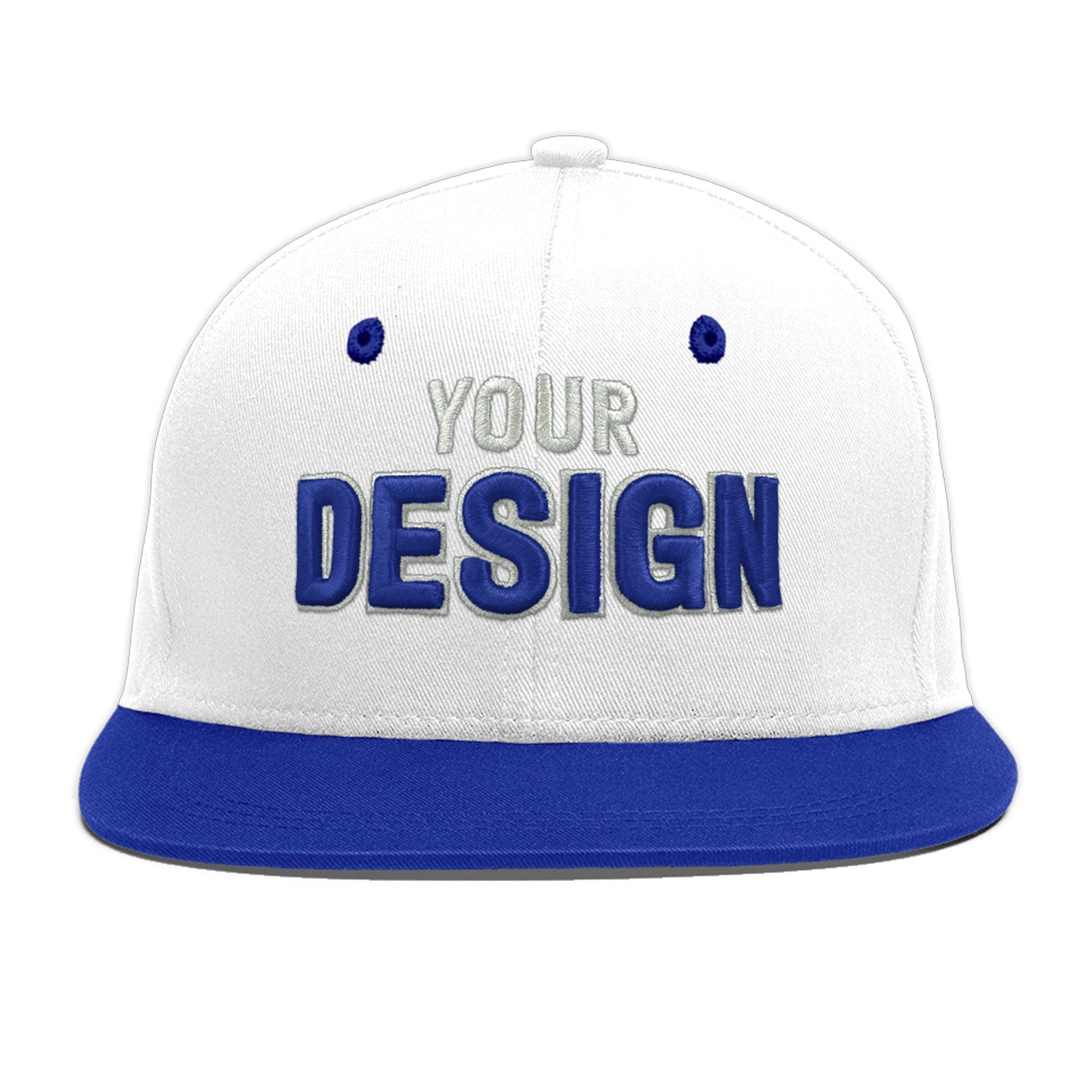 Custom White Royal Blue 112D Puff Embroidery Flat Embroidery Casual Sport Baseball Cap