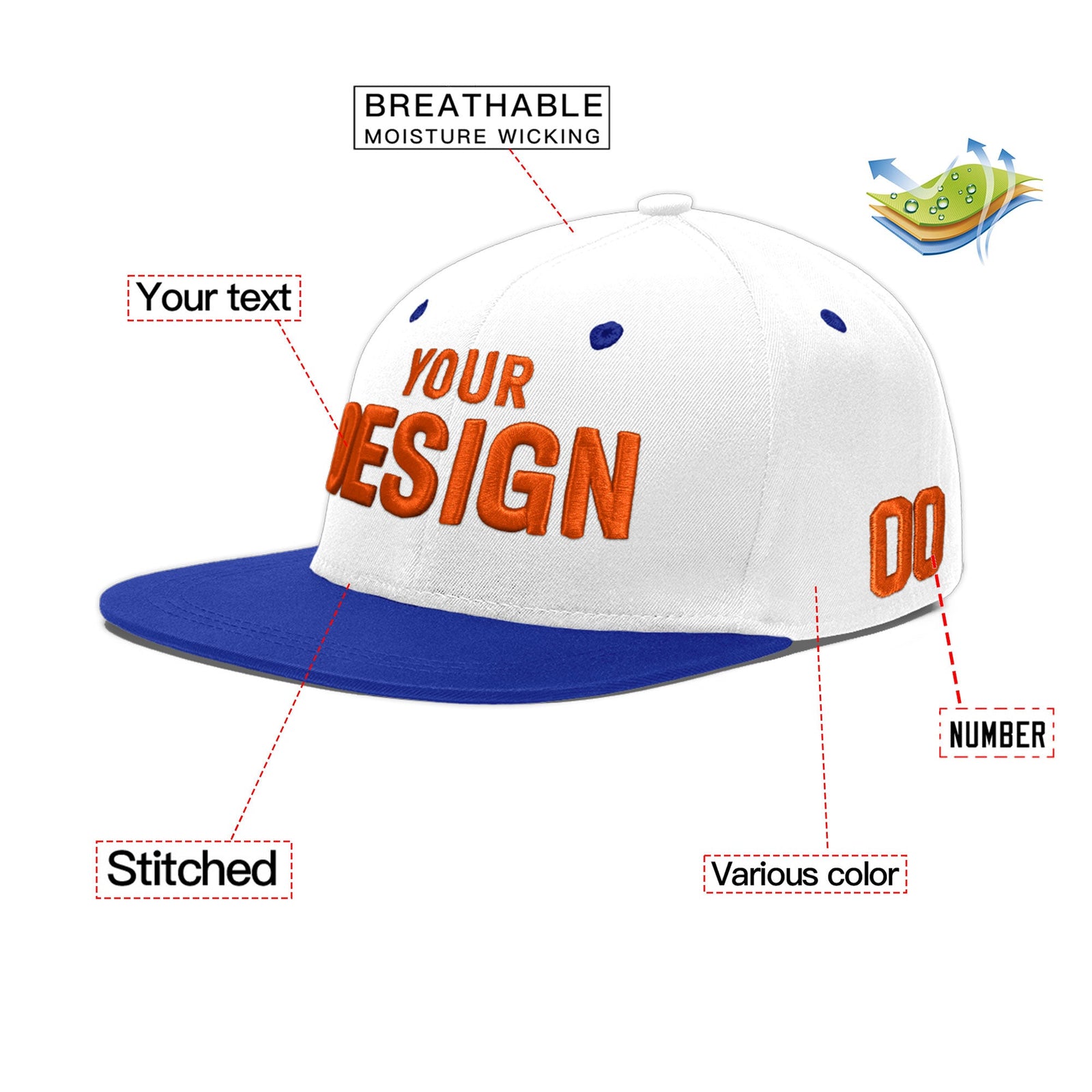 Custom White Royal Blue 117D Puff Embroidery Flat Embroidery Casual Sport Baseball Cap