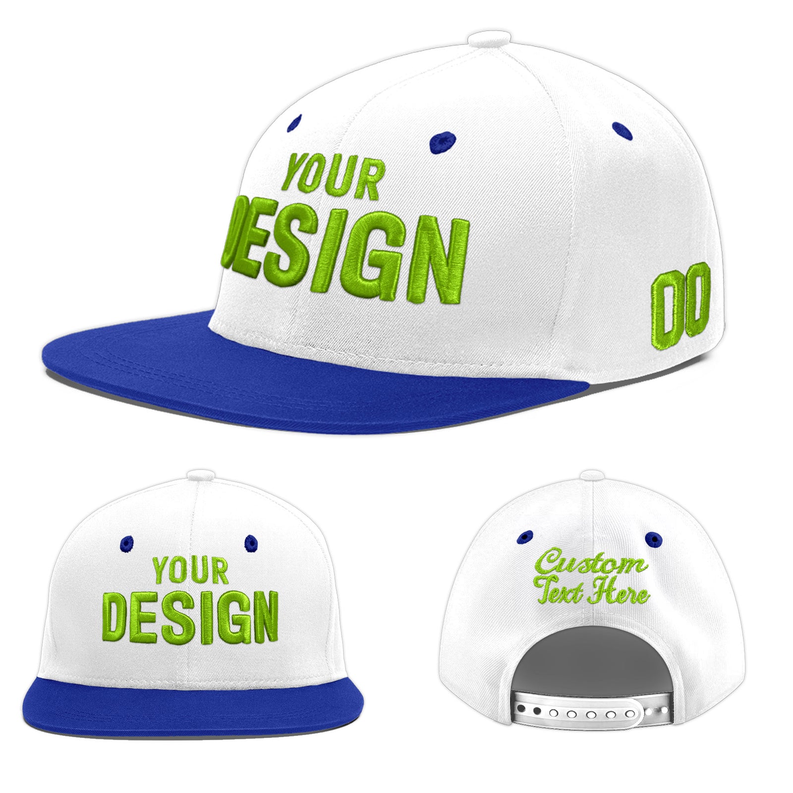 Custom White Royal Blue 84D Puff Embroidery Flat Embroidery Casual Sport Baseball Cap