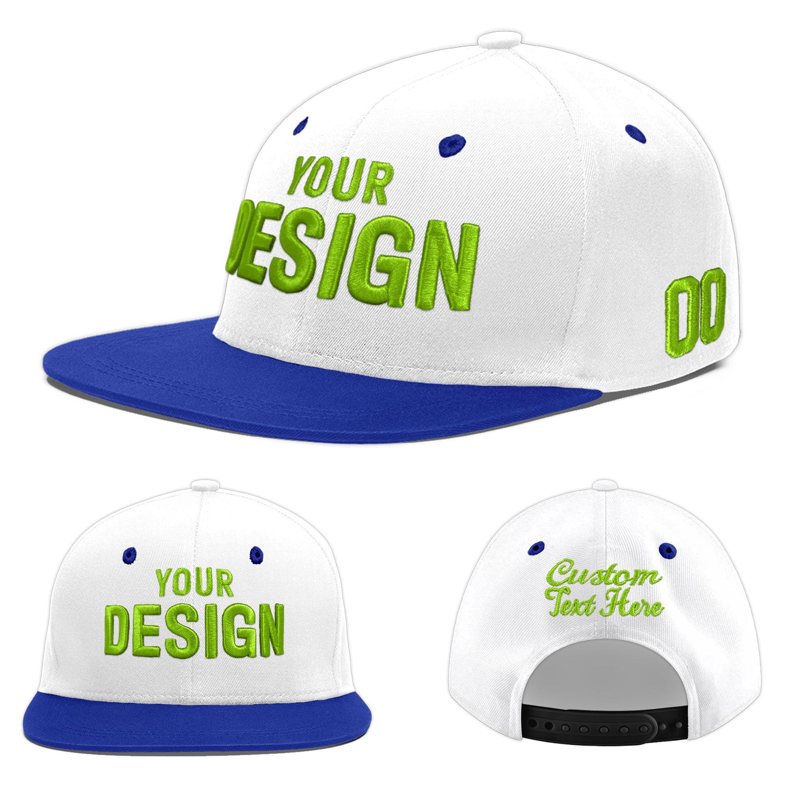 Custom White Royal Blue 84D Puff Embroidery Flat Embroidery Casual Sport Baseball Cap