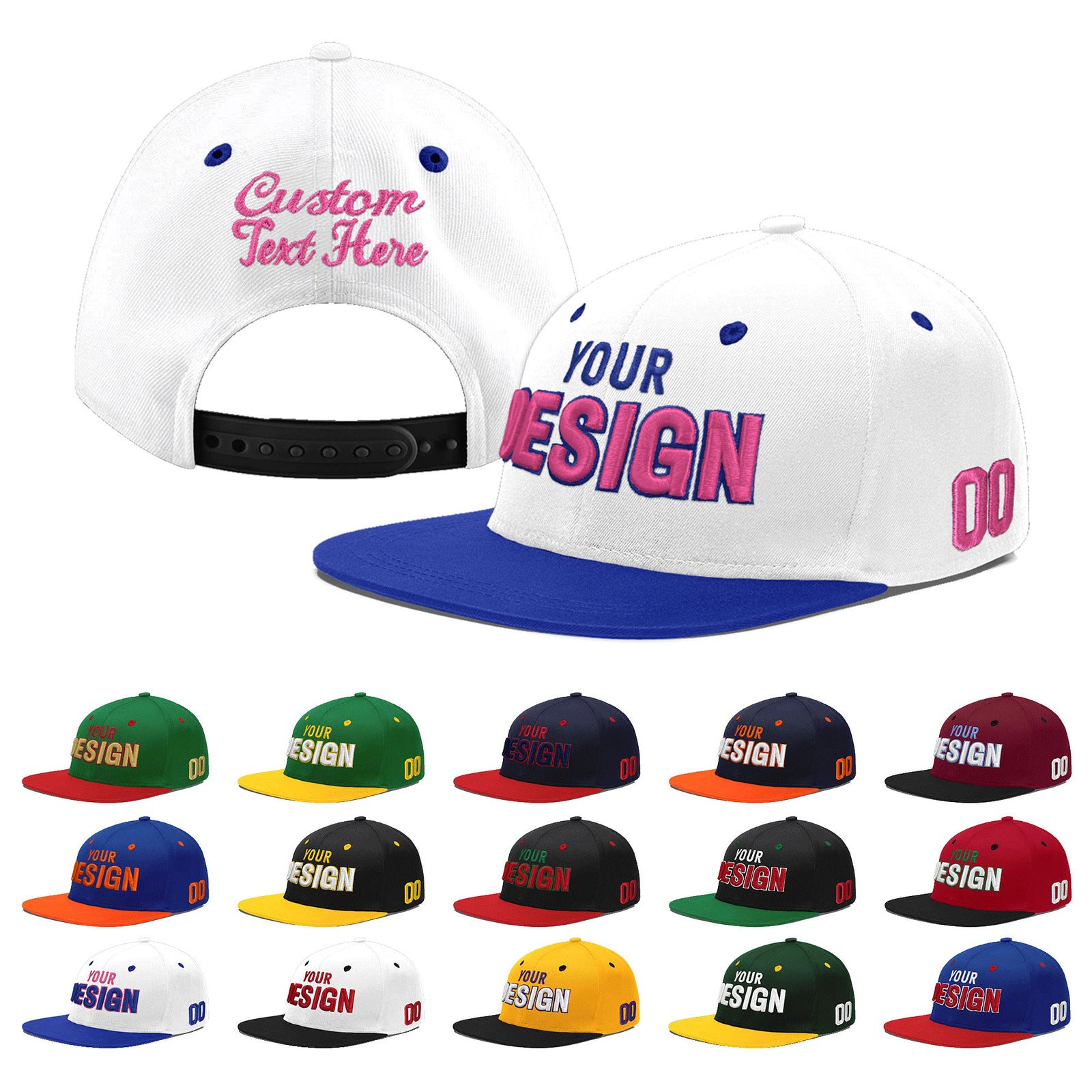 Custom White Royal Blue 107D Puff Embroidery Flat Embroidery Casual Sport Baseball Cap